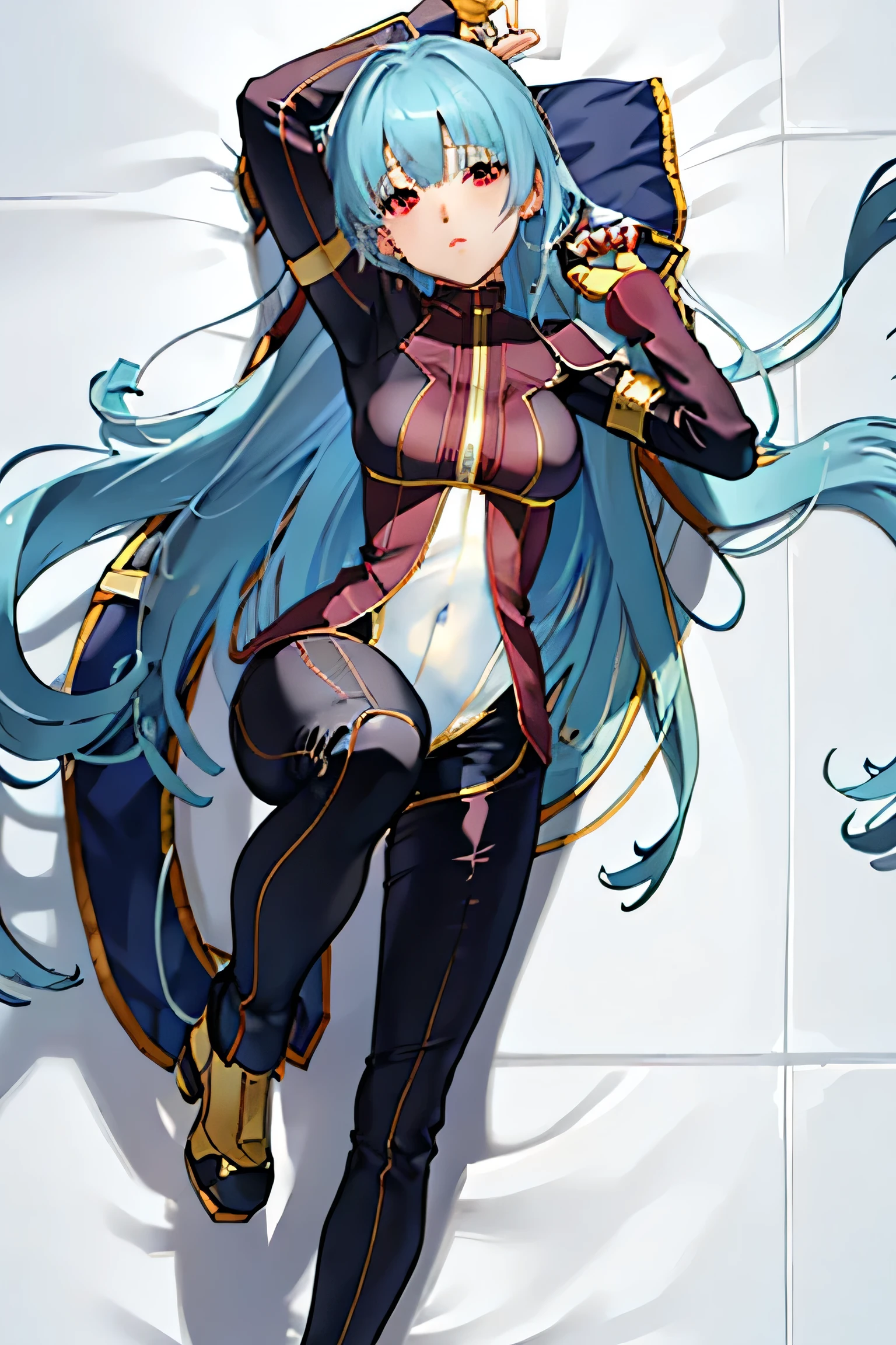1 woman, The King of Fighters kula diamond, piercer, red eyes, 긴 Sky blue 머리,sky blue color hair, expressionless, cyberpunk, glowing line jacket, bodysuit, Mecha style prosthetic hand, 보라빛 bodysuit, 피부가 비춰지는 반투명 옷, Focus on face in tight clothing, normal chest, No panties, The panties I was about to take off were hanging on my legs., (beautiful sight), An anime girl with short hair lie on a white bed (dakimakura style, top view), -yeld girextreme hand detail, Promotional art, Visual Novel CG, Dakimakura Style Pose, Key Art, wallpaper!, official fanart, Promotional artwork, on the bed (Viewer는 위에서 아래로 본다), 누워있는 전신이 모두 보이는 다키마쿠라 일러스트 스타일, 아주 귀여운, 누워있는 포즈는 에로하다, 은 하나둘씩 벗는 포즈, Visual Novel Key Visual, masterpiece