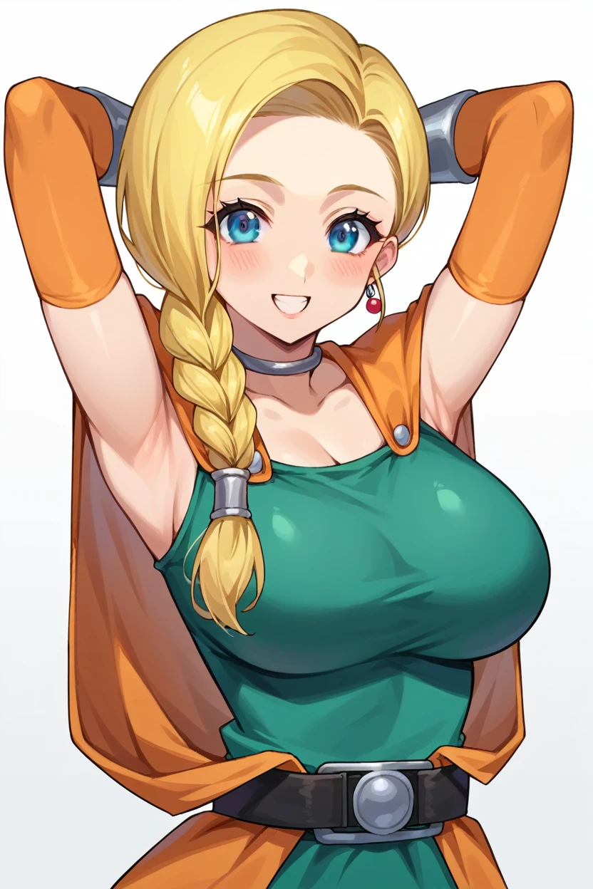 score_9, score_8_up, score_7_up, source_anime BREAK 1girl, solo,  dqBianca, single braid, hair over shoulder, earrings, choker, orange cape, green dress, belt, (large breasts:0.9), happy, looking at viewer, waist up, arms behind head,simple background,blush,