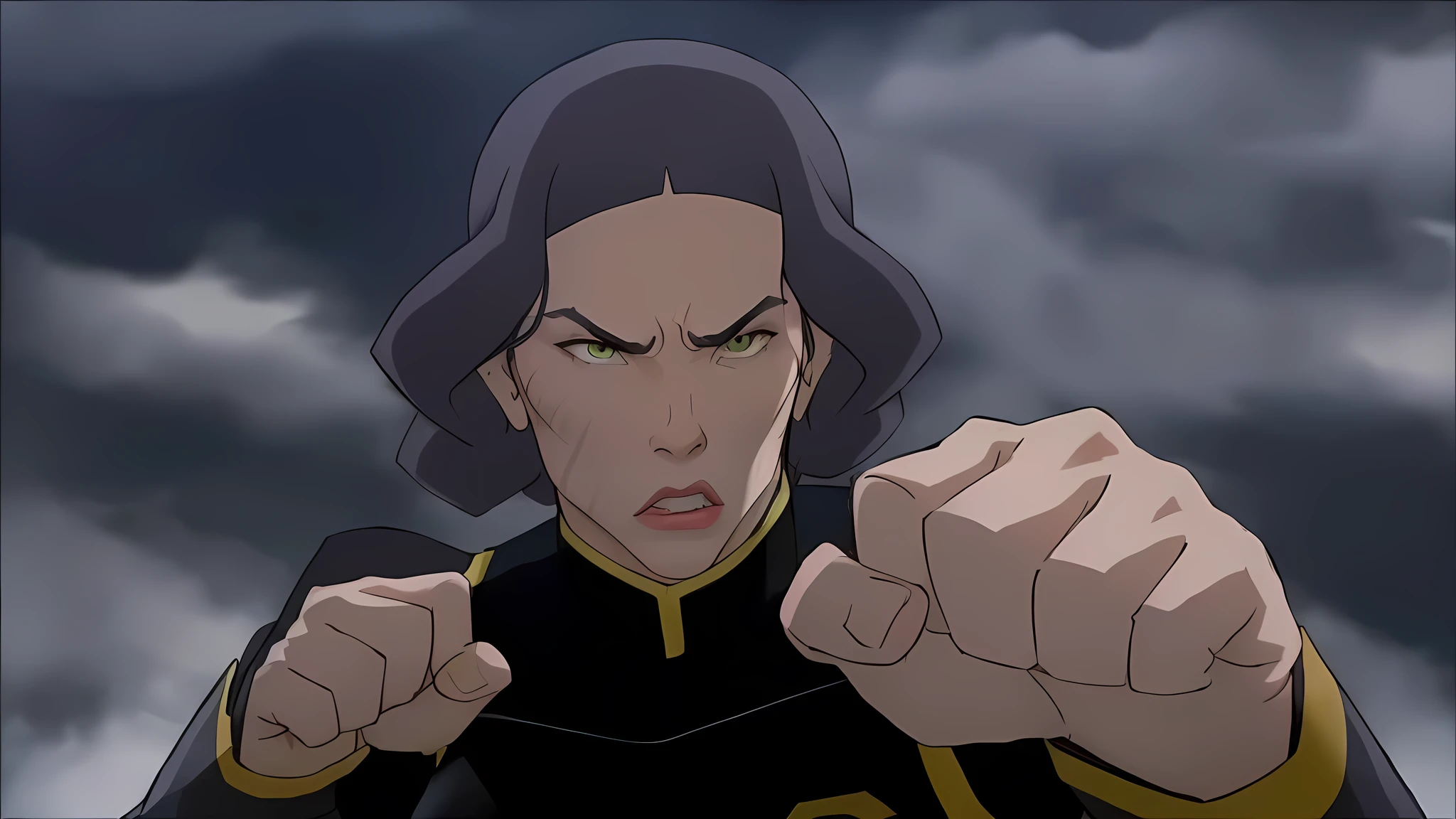 a close-up of a person pointing at something with their fist, Cassandra Cain, a muscular and angry army general, the goddess hera looking angry, Cassandra Cain in satin, legend of korra, [sirius], the goddess hera looking angry, badass pose, Intimidating woman, Atlas, villain pose, threatening pose, onyx, legend of korra setting