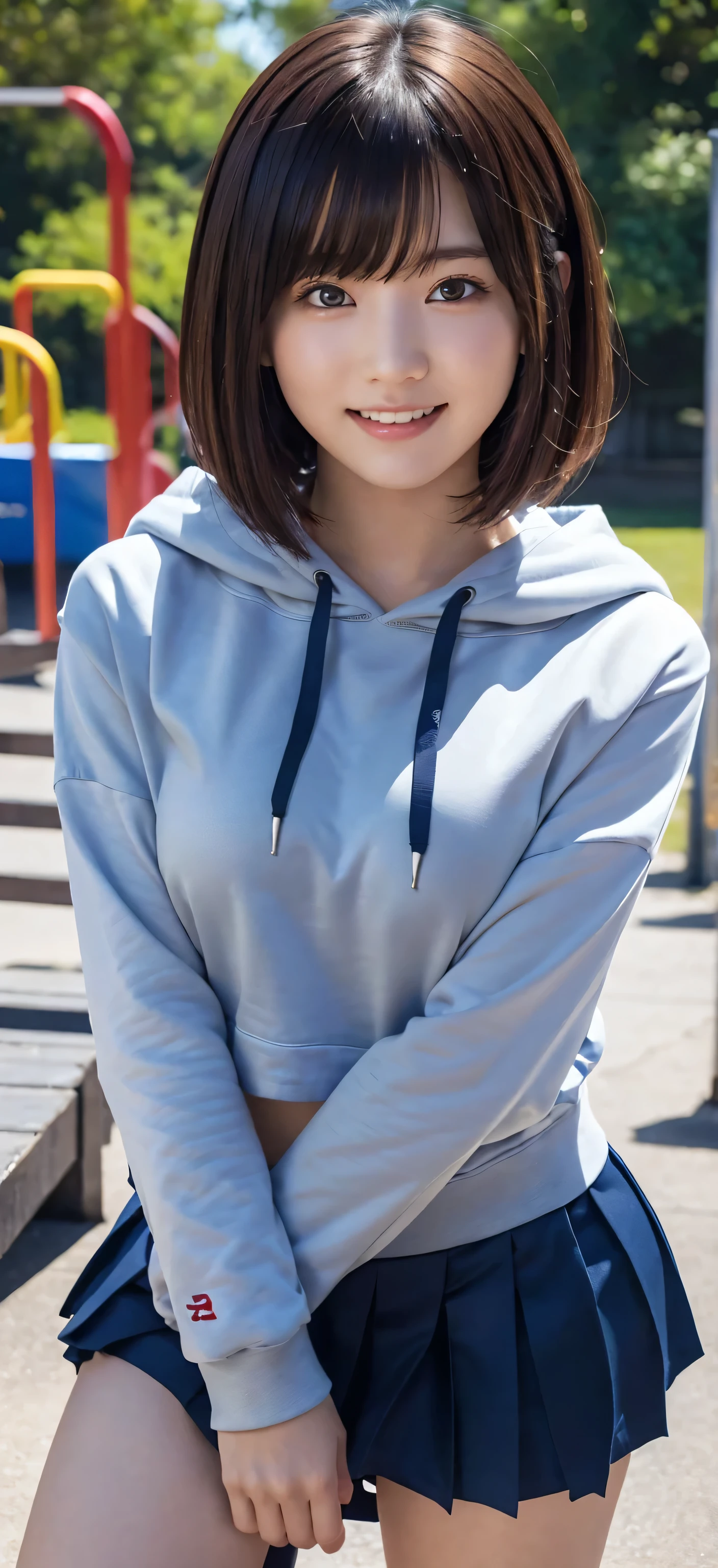 (((Face the front of your body at the camera:1.8, Sit with your knees bent:1.8, Sit with both knees upright:1.8))), ((Dressing:1.8)), (((Pajama shorts:1.8, short sleeve knit hoodie:1.8))), ((Bedrooms:1.5)), (Smiling smile:1.5), 1girl in, 18year old, 7headed body, Ideal ratio body proportions, erectile nipple, Medium Hair, A dark-haired, With bangs, small tits, A slender, Small buttocks, beauty legs, Skinny Legs, surrealism, Cinematic lighting, depth of fields, One-person viewpoint, F/1.8, 135 mm, nffsw, masutepiece, ccurate, ((Anatomically correct:1.3)), Textured skin, Super Detail, high details, High quality, awardwinning, Best Quality, hight resolution, 8K