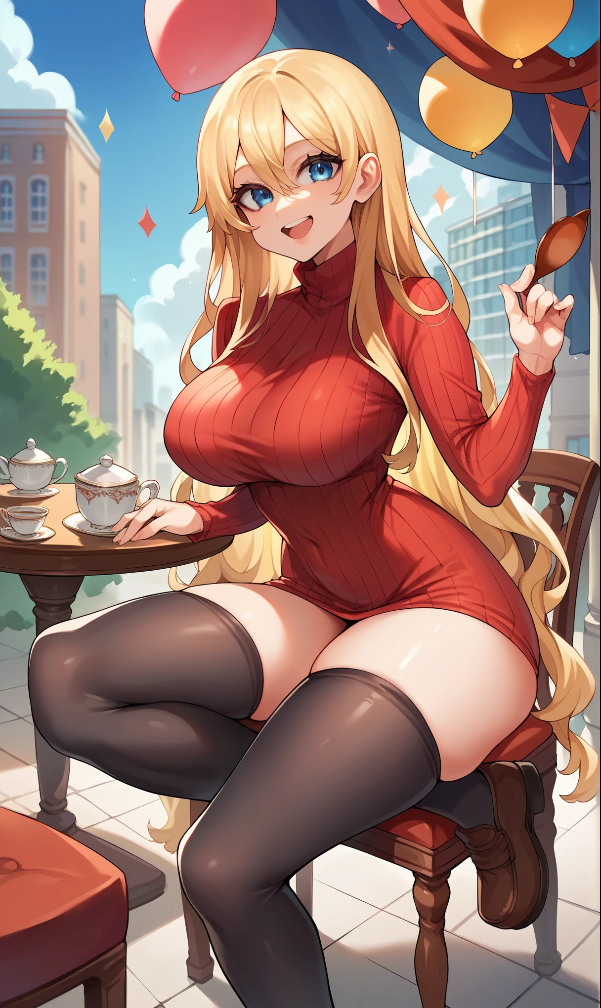 score_9,score_8_up,score_7_up,score_6_up,score_5_up,score_4_up,(source_anime),1girl,solo,long hair,breasts,looking at viewer,sittng at table,chair,smile,open mouth,blue eyes,blonde hair, straight haircut,red turtleneck keyhole sweater,black stockings,brown shoes,very long hair,fair skin,large breasts,thick thighs,pretty face,extremely detailed face,city street,russia,holding birthday cake,tea cups,teapot,happy birthday sign,super detail,high quality
