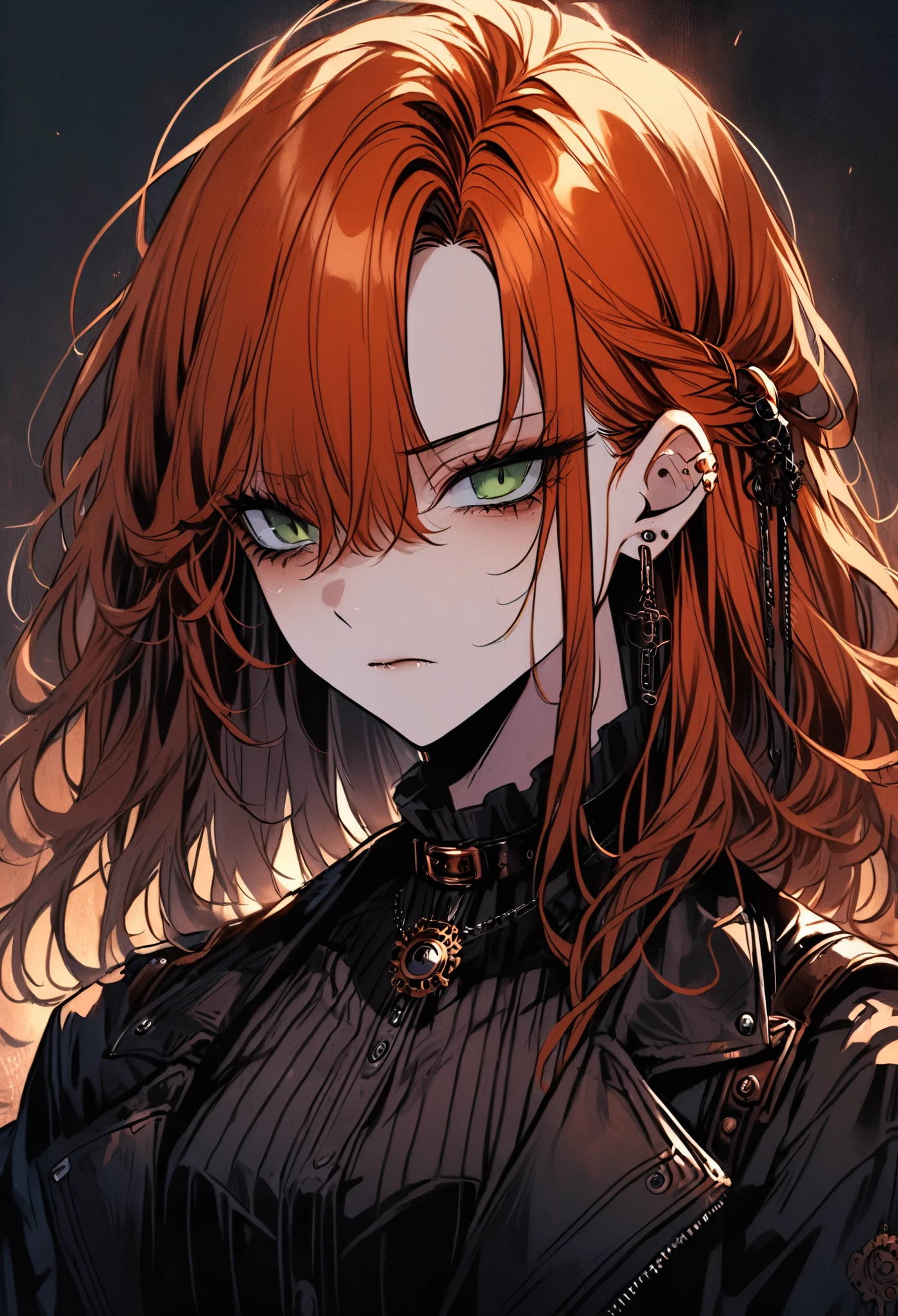 a ginger girl, grunge/goth black clothes, tired eyes, detailed face, steampunk 