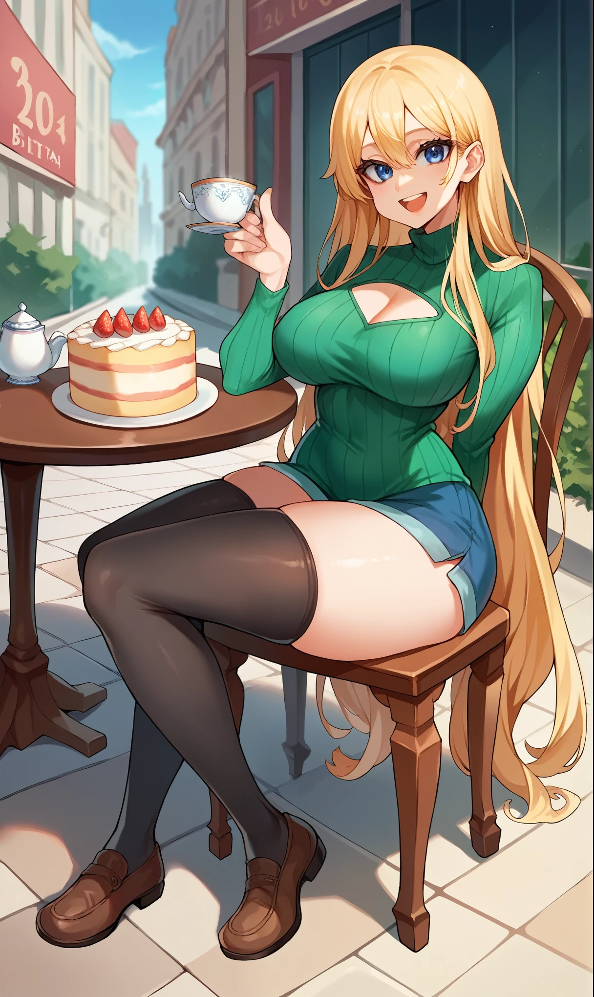 score_9,score_8_up,score_7_up,score_6_up,score_5_up,score_4_up,(source_anime),1girl,solo,long hair,breasts,looking at viewer,sittng at table,chair,smile,open mouth,blue eyes,blonde hair, straight haircut,red turtleneck keyhole sweater,black stockings,brown shoes,very long hair,fair skin,large breasts,thick thighs,pretty face,extremely detailed face,city street,russia,holding birthday cake,tea cups,teapot,happy birthday sign,super detail,high quality
