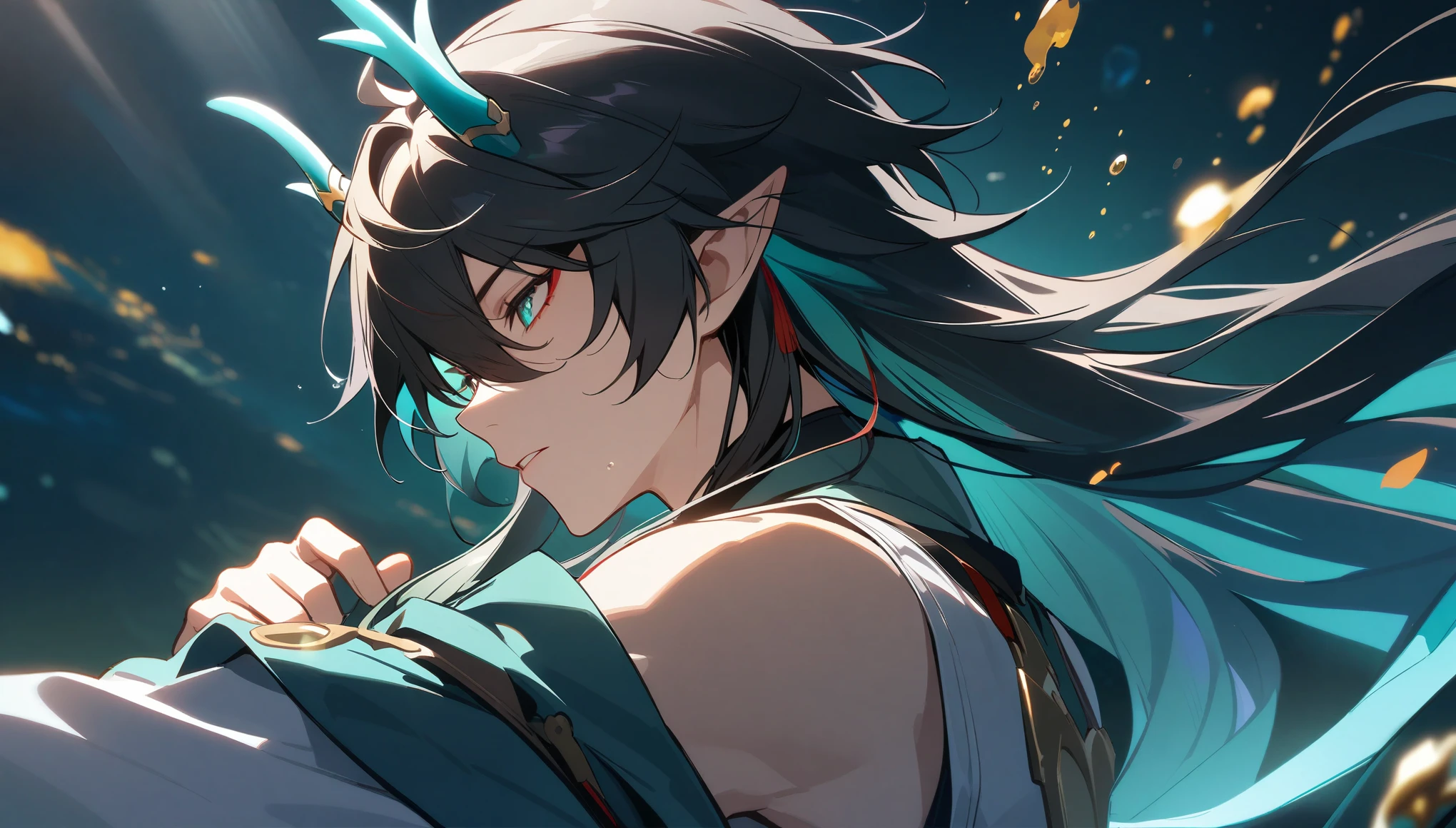 1boy, dan heng, imbibitor lunae, dan heng IL, honkai star rail, elf ears, long hair, black hair, horns, underwater, dark green background, hd eyes, close up, dynamic angle, facing left, (beautiful and aesthetic:1. 5), best quality, high quality,  super detail, best quality, ultra-detailed,dynamic lighting, HD,