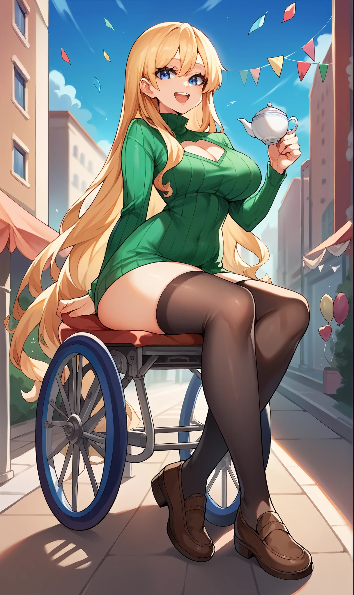 score_9,score_8_up,score_7_up,score_6_up,score_5_up,score_4_up,(source_anime),1girl,solo,long hair,breasts,looking at viewer,sittng at table,wheelchair,smile,open mouth,blue eyes,blonde hair, straight haircut,red turtleneck keyhole sweater,black stockings,brown shoes,very long hair,fair skin,large breasts,thick thighs,pretty face,extremely detailed face,city street,russia,holding birthday cake,tea cups,teapot,happy birthday sign,super detail,high quality
