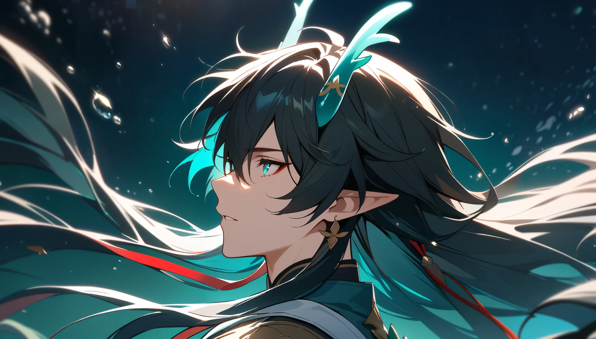 1boy, dan heng, imbibitor lunae, dan heng IL, honkai star rail, elf ears, long hair, black hair, horns, underwater, dark green background, hd eyes, close up, dynamic angle, facing left, (beautiful and aesthetic:1. 5), best quality, high quality,  super detail, best quality, ultra-detailed,dynamic lighting, HD,