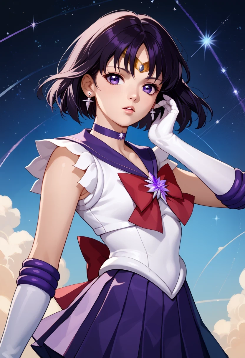 score_9, score_8_up, score_7_up, source_anime, solo, 1girl, sail0rs4turn, parted lips, looking at you, hand in own hair, short hair, black hair, bob cut, circlet, purple eyes, sailor senshi uniform, white shirt, sleeveless shirt, back bow, red bow, purple sailor collar, star brooch, white gloves, elbow gloves, star choker, purple skirt, pleated skirt, earrings, space, star \(sky\)
