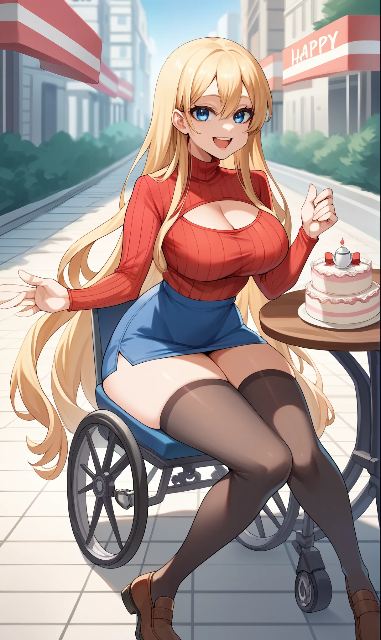 score_9,score_8_up,score_7_up,score_6_up,score_5_up,score_4_up,(source_anime),1girl,solo,long hair,breasts,looking at viewer,sittng at table,wheelchair,smile,open mouth,blue eyes,blonde hair, straight haircut,red turtleneck keyhole sweater,black stockings,brown shoes,very long hair,fair skin,large breasts,thick thighs,pretty face,extremely detailed face,city street,russia,holding birthday cake,tea cups,teapot,happy birthday sign,super detail,high quality
