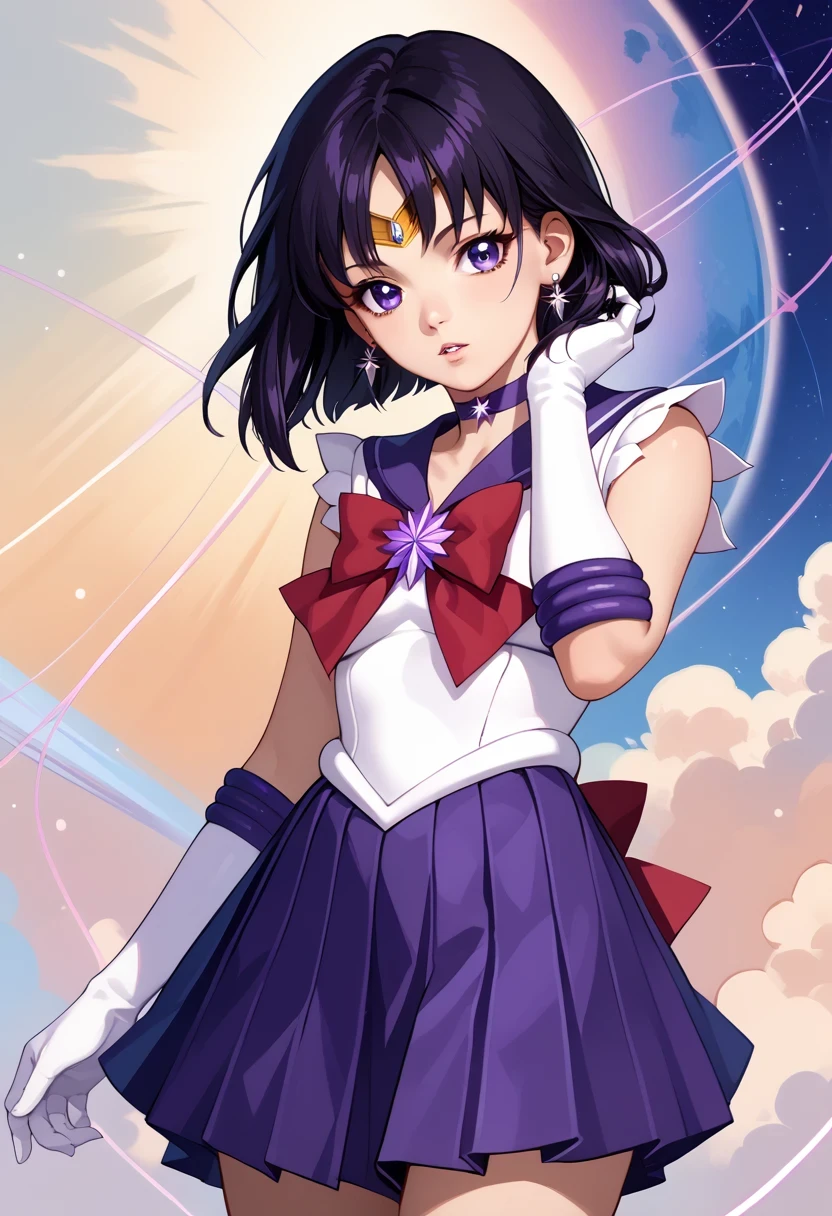 score_9, score_8_up, score_7_up, source_anime, solo, 1girl, sail0rs4turn, parted lips, looking at you, hand in own hair, short hair, black hair, bob cut, circlet, purple eyes, sailor senshi uniform, white shirt, sleeveless shirt, back bow, red bow, purple sailor collar, star brooch, white gloves, elbow gloves, star choker, purple skirt, pleated skirt, earrings, space, star \(sky\)
