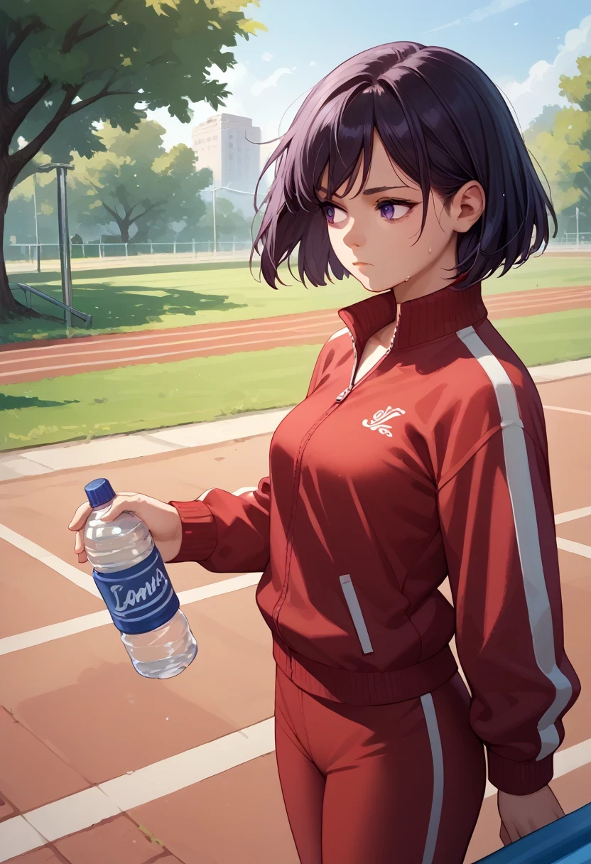 score_9, score_8_up, score_7_up, source_anime, solo, 1girl, sail0rs4turn, sweat, expressionless, looking away, standing, holding water bottle, short hair, black hair, bob cut, purple eyes, track suit, red jacket, track jacket, red pants, outdoors, park
