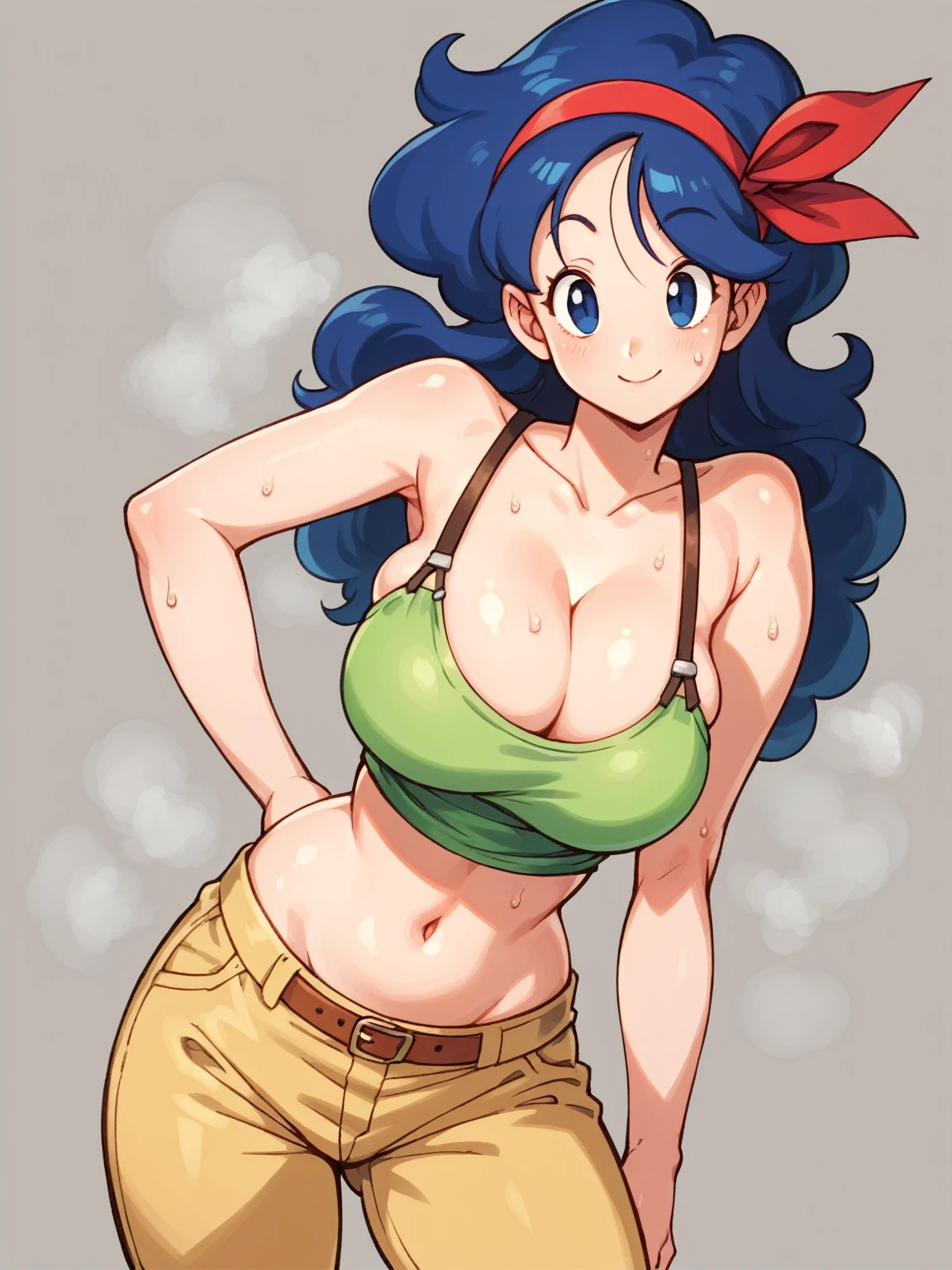 launch good, blue hair, long hair, curly hair, blue eyes,pretty face,smile,perky breasts,cleavage,torpade tits,breasts,bursting breasts,
1girl, solo,looking at viewer, simple background,anatomically correct,anime style,cowboy shot,standing,contrapposto,model posing,hand on hips,
green crop top,navel,yellow short pants,
steaming body,sweat all over