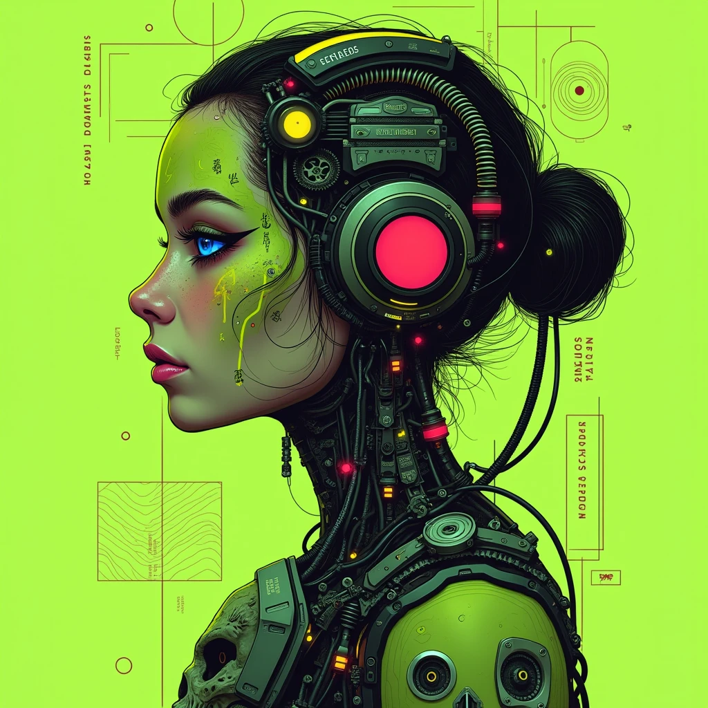 明るいgreen色の背景に複雑に連結された幾何学的な形や線が入り組んだ、visually exquisite and vivid Profile art of a woman,like a futuristic circuit board,various squares and rectangles in yellow, green, red, green is scattered all over,connected by thin lines as if forming a circuit,この複雑なパターンには時計の文字盤に似た2つのeye立つ円形の要素が埋め込まれている,one at the top and one at the bottom, Each has simple black needles and numbers,with intertwined small stars and planets,emphasizes the theme of cosmic or technical settings,the overall atmosphere is playful and technical,Orderly chaos,the intersection of art and technology,digital cyberpunk anime art,Organic Anime Robot Mix,  Cyberpunk Anime Art , CMYK palette,detailed anime artwork,eye、nose、mouth、cheek、Ears have a human texture,