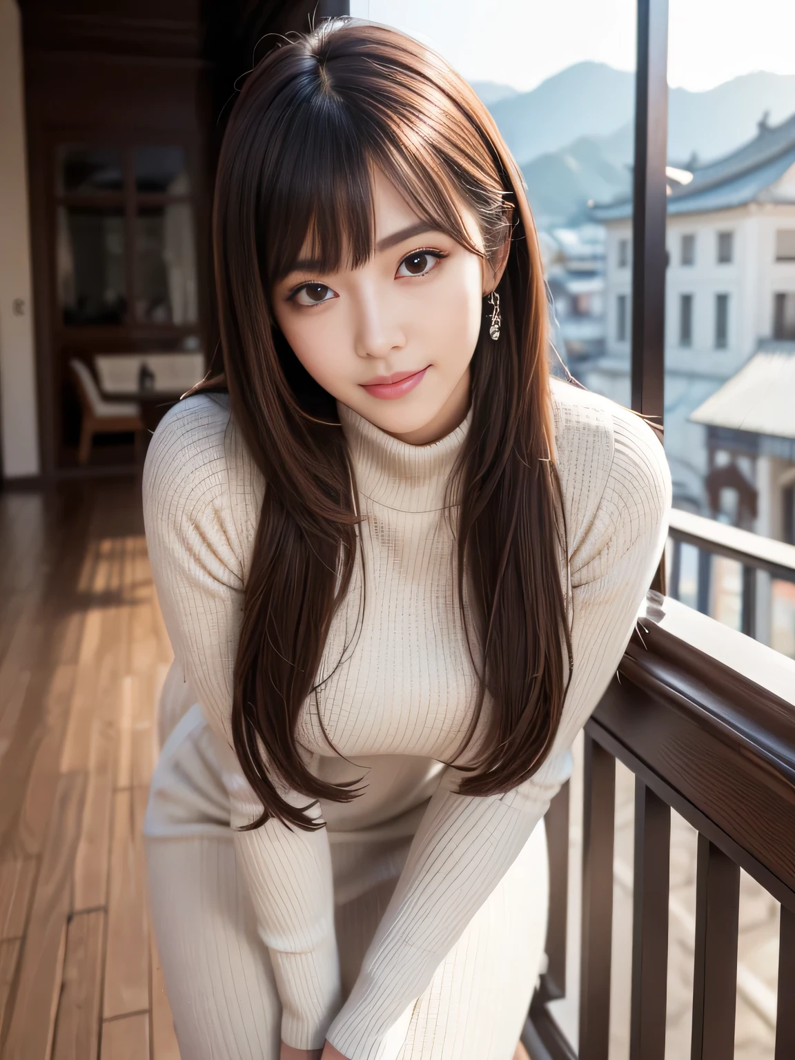 best quality, ultra-detailed, intricately detailed hyperdetailed, realistic, highly detailed, sharp focus, Realistic, Photorealistic:1.3, masterpiece, Korean idol, Stylish and refined, perfect face, perfect symmetrically eyes, perfect full lips, Thin face and sharp features, hyper detailed, hyper realistic, high resolution, Beautiful Face, (Tight ribbed knit dress), Long boots, Chestnut Hair, natural bangs, (Slightly open mouth), (Tempting Smile:1.2), Stand on the balcony, cinematic lighting, Dark background,