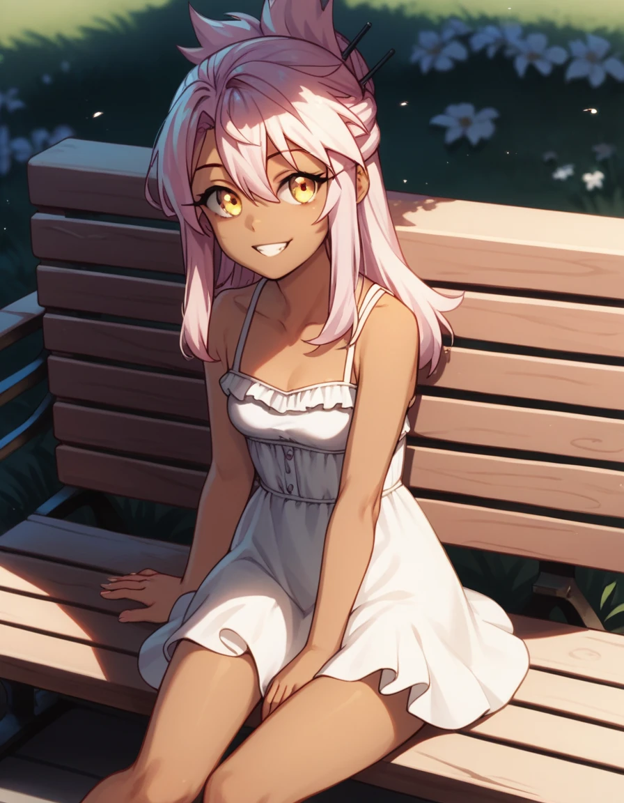 1girl,solo,smile,outdoor,white dress,sitting,bench, chloe,dark_skinned_female,dark_skin,long_hair,pink_hair,yellow_eyes,hair_between_eyes,white_hair,bangs,small_breasts,,harf_updo,one_side_up, young girl, lo.li,