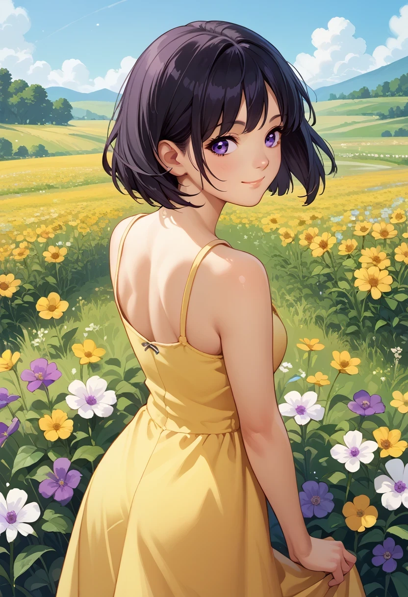 score_9, score_8_up, score_7_up, source_anime, from behind, solo, 1girl, sail0rs4turn, smile, looking back, short hair, black hair, bob cut, purple eyes, yellow sundress, bare shoulders, outdoors, flower field
