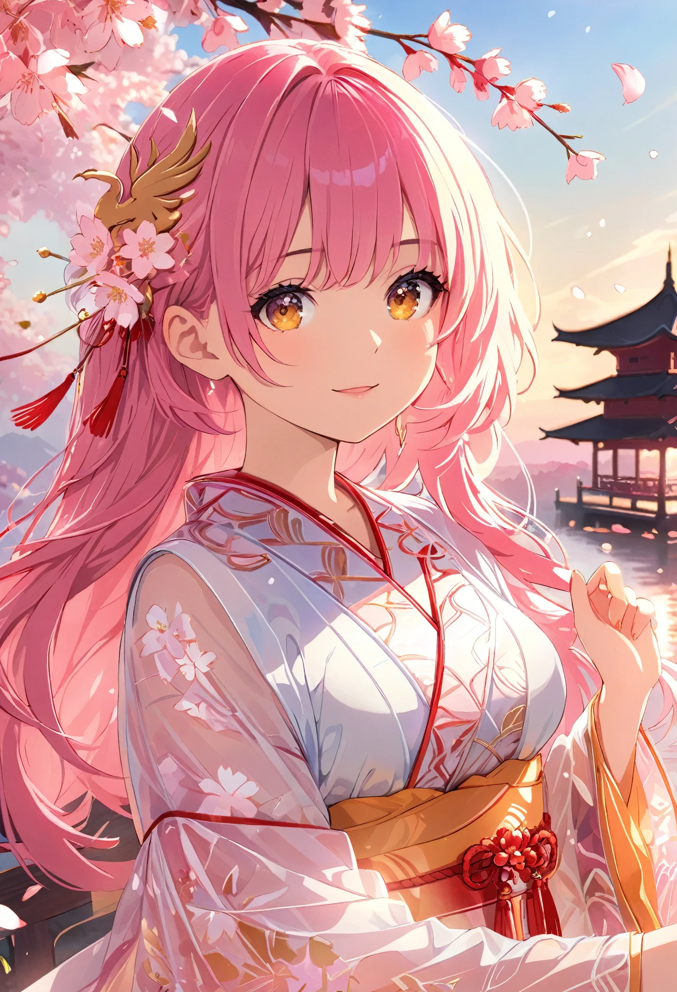 8K resolution, ((highest quality)), ((masterpiece)), ((Super detailed)), (And yet delicate and beautiful), beautiful girl, alone, full body,gentle expression, sharp focus,face focus,She and(relax)and(Calm)exterior,written boundary depth, bright smile, young look, warm gold-colored eyes, Beautiful pink hair, beautiful background, long hair, line drawing, medium breasts,dressed in suzuna kuraki translucent miko robe with gold phoenix design,eyes that shine like cherry blossoms, upper grade, wonderful eyes, cherry blossoms,sakura tree, sakura petals falling,tidsean