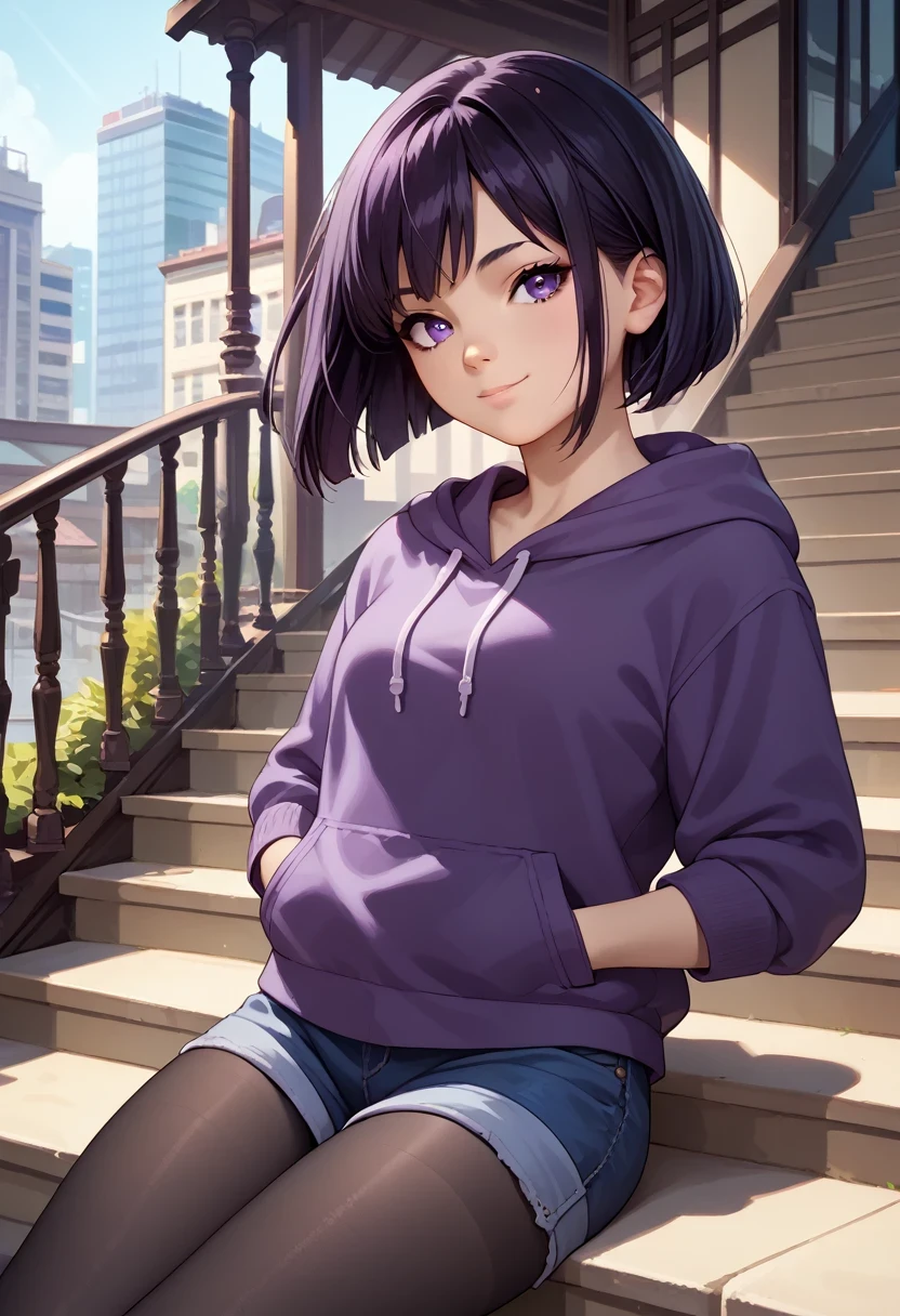 score_9, score_8_up, score_7_up, source_anime, solo, 1girl, sail0rs4turn, light smile, looking at you, sitting, stairs, hands in pockets, short hair, black hair, bob cut, purple eyes, purple hoodie, blue shorts, denim shorts, black pantyhose, outdoors, city
