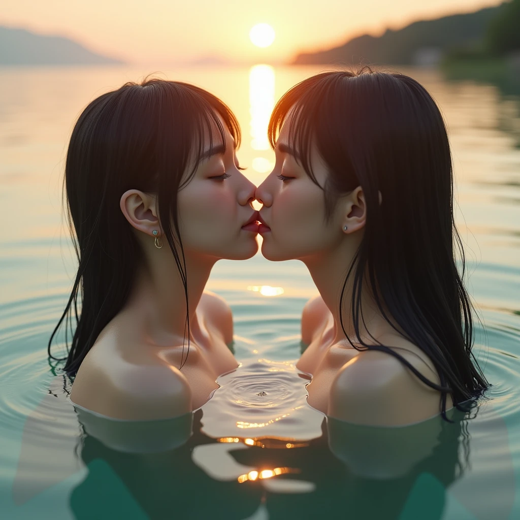 2 girls with blue and black hair kissing each other underwater, while touching each other's vaginas, naked girls, beautiful , beautiful pussys, open pussys, les, squeezing her own breasts, face flushed with excitement, sweating, a snake rests between her bare breasts, holografic water, anime girls