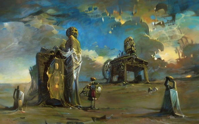 zislaw Beksiński and Brom, (Spirits leaving sky ocean, An endless river of figures, trudging through a barren landscape, towards an uncertain future, surreal and melancholic, by zdzislaw beksinski, Rain, ,  Ruins,Chessboard,Broken mirrors, Ghoulish, (Triadic:1.1), (Proportion:1.1),  (Frottage:1.1), (Reflected light:1.2), Parchment, Octagon, ultra detailed, intricate, oil on canvas, dry brush, (surrealism:1.1), (disturbing:1.1), ), Album cover, romantic, Surrealism, Futuristic ,Smiling ,  Wizard, Abstracted, dark,  landscape (best quality:1.4),dw01-3400