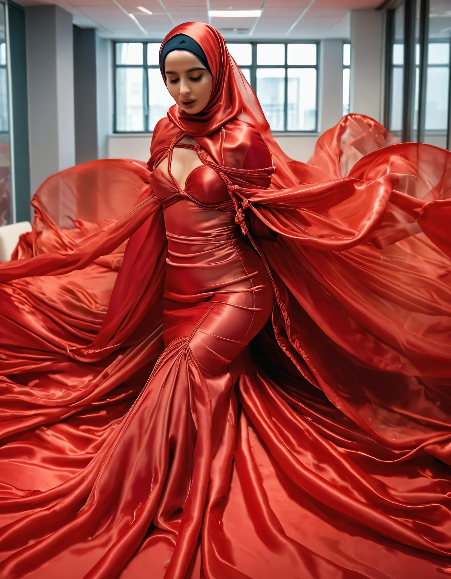 A woman shrouded in a 8-meter-long, plush red transparent satin cloth, tightly bound and grandly draping along the form of her body, flowing off into a pooled floor-length train, styled in a mermaid-inspired outfit, her head modestly veiled in a satin hijab, sexy,175 height woman, dancing in office, a full-body pose conveying a sense of elegance, captured in a 4k resolution, ultra-realistic