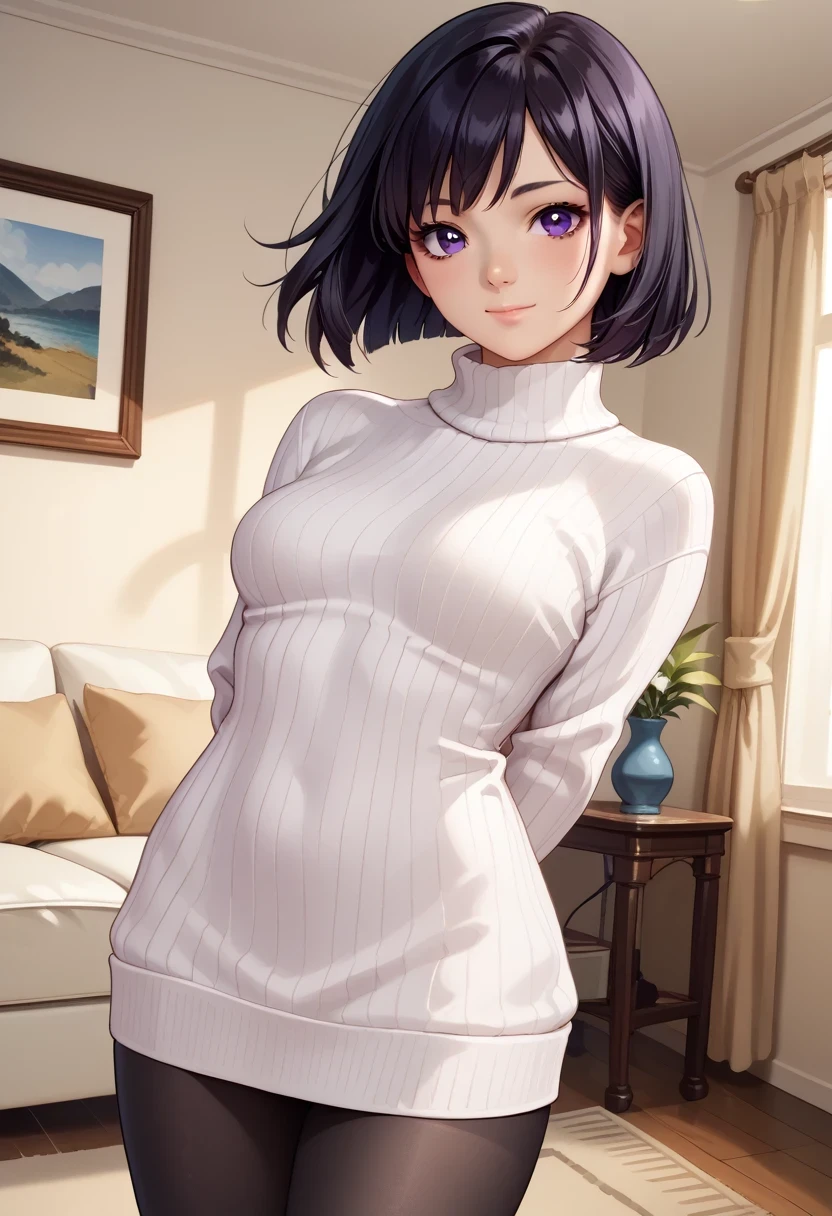 score_9, score_8_up, score_7_up, source_anime, solo, 1girl, sail0rs4turn, light smile, looking at you, standing, arms behind back, short hair, black hair, bob cut, purple eyes, white sweater, sweater dress, ribbed sweater, turtleneck, black pantyhose, indoors, living room
