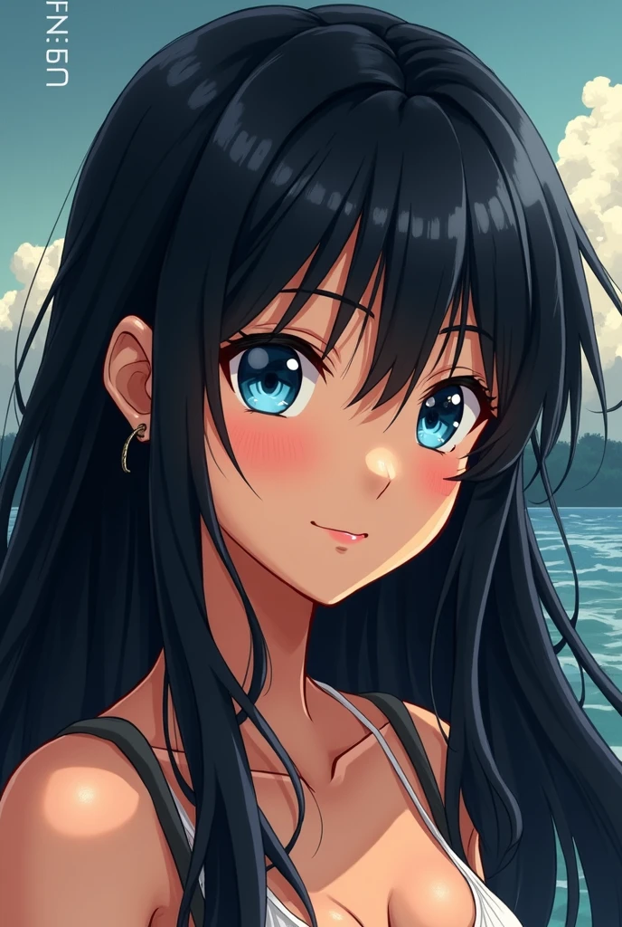A girl in the world of one piece, black hair with white rays, eyes blue like the sea, some scars on her face and she is white)
