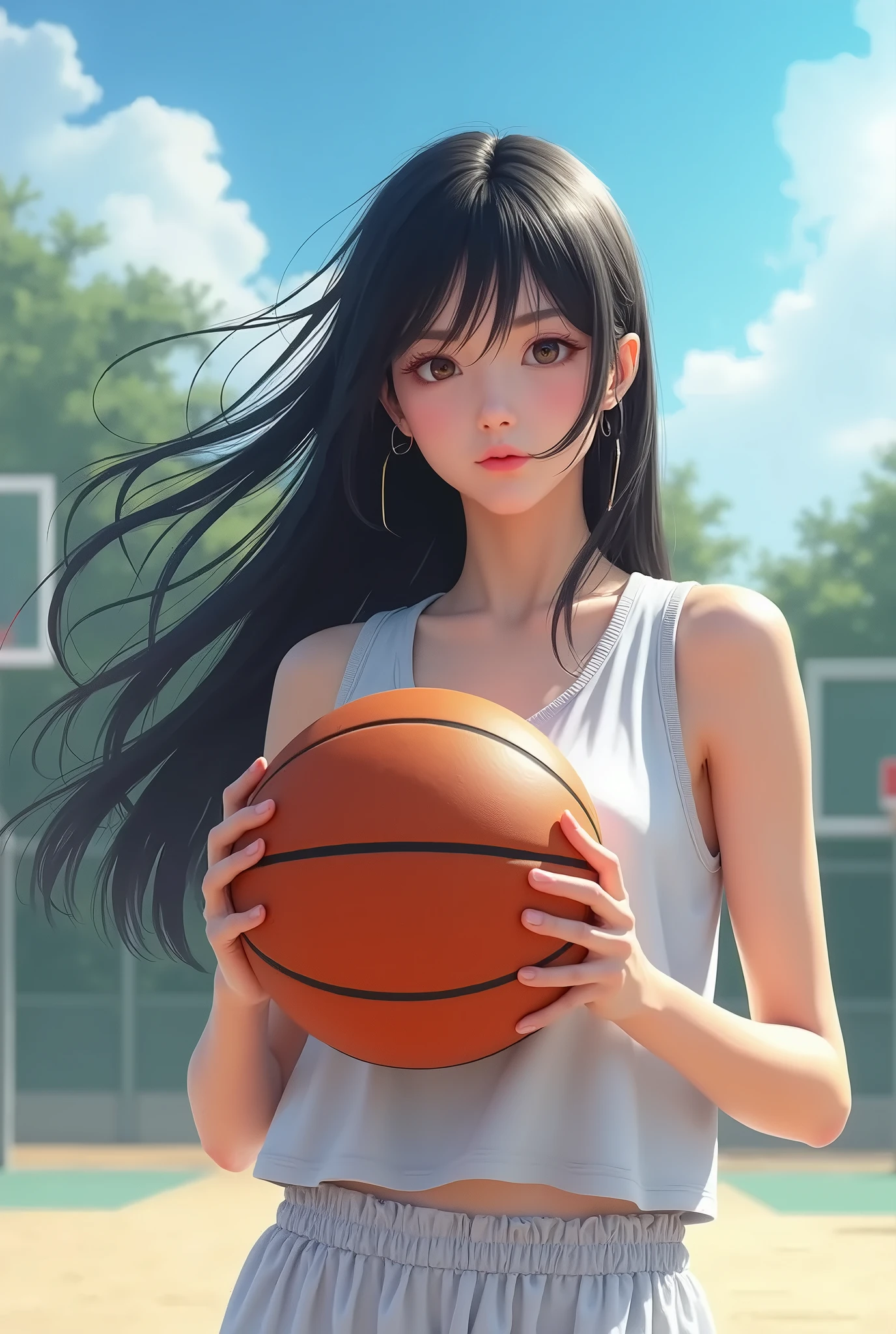 (8K, best quality, masterpiece:1.2), (Practical, photo-Practical:1.37), Extremely detailed,best quality, Ultra-high resolution, Professional lighting, Photon Mapping, Radiosity, Physically Based Rendering, movie lighting, Basketball Court,Depth of Field, Clear focus,Sunlight, Good composition,(Bokeh:1.2) 1 Girl,Solitary,(whole body), (Shut up),Beautiful and delicate eyes, posture, Willow Waist,Basketball clothes, Black Hair,messy hair,Long hair blowing in the wind,(Urzan-6500:1.2),  Mix 4, High body