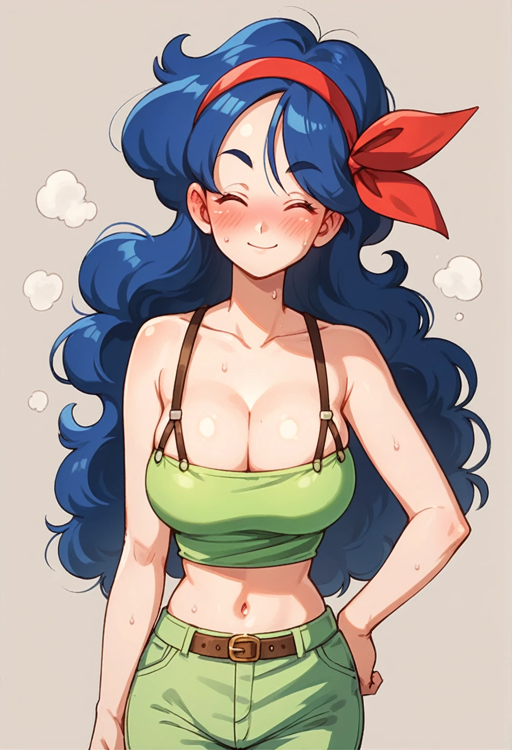 launch good, blue hair, long hair, curly hair,pretty face,smile,full face blush,closed eyes,(furrowed eyebrows:1.4) ,perky breasts,cleavage,torpade tits,medium breasts,bursting breasts,
1girl, solo,looking at viewer, simple background,anatomically correct,anime style,cowboy shot,standing,contrapposto,model posing,hand on hips,
green crop top,navel,yellow short pants,
steaming body,sweat all over