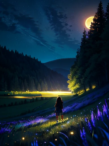 summer night, magic night, landscape photography, from below, sky above and open field, (Alone:1.2), The side face of a girl, standing in the grass field, searching for, full moon, Shooting stars, nebulosa, a few cloud, mountain lines, trees, 
masterpiece, The best quality, 4k, ultra detailed, study quality, warm summer night, fireflies, Holding a flashlight, intricate details, blue grass field and river, volumetric lighting,
(dynamic composition:1.3), Highly detailed, Detalles coloridos, (Colores iridiscentes:1.2), (bright lighting, Atmospheric lighting), pray