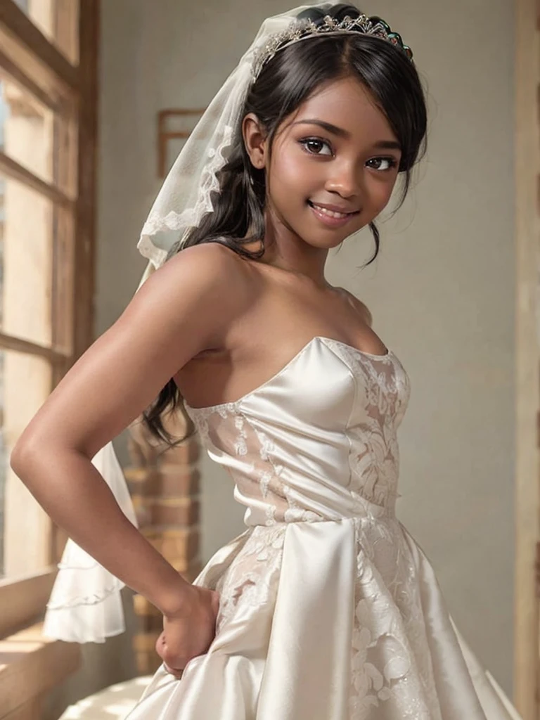 A Indian girl, black ponytail, (black skin:1.4), BREAK, , standing, (satin princess dress, white wedding dress:1.4), BREAK, (wedd00ing:1.2), (tiny tits, tt_flat), ((shooting from side)), armpit, smiling, blushing face, bedroom, 