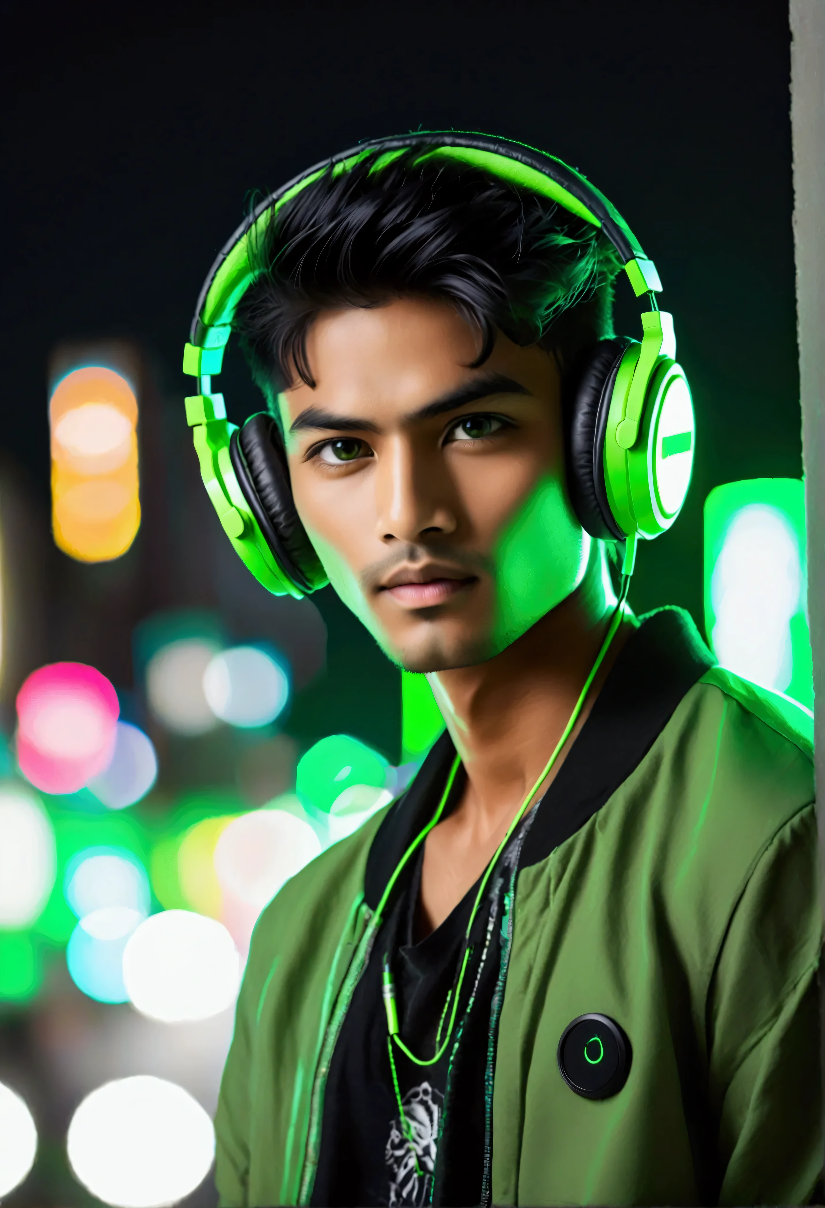 manga japanesse cartoon of a fluorescent green-black color. Light skin Indian male super model  dj . Add green beats headphones,  add the text ¨Rick D´Angle ¨ to the image , totally night view photo with ultra open wide lens photo technic, octane rendering, 8192k ultra hifi