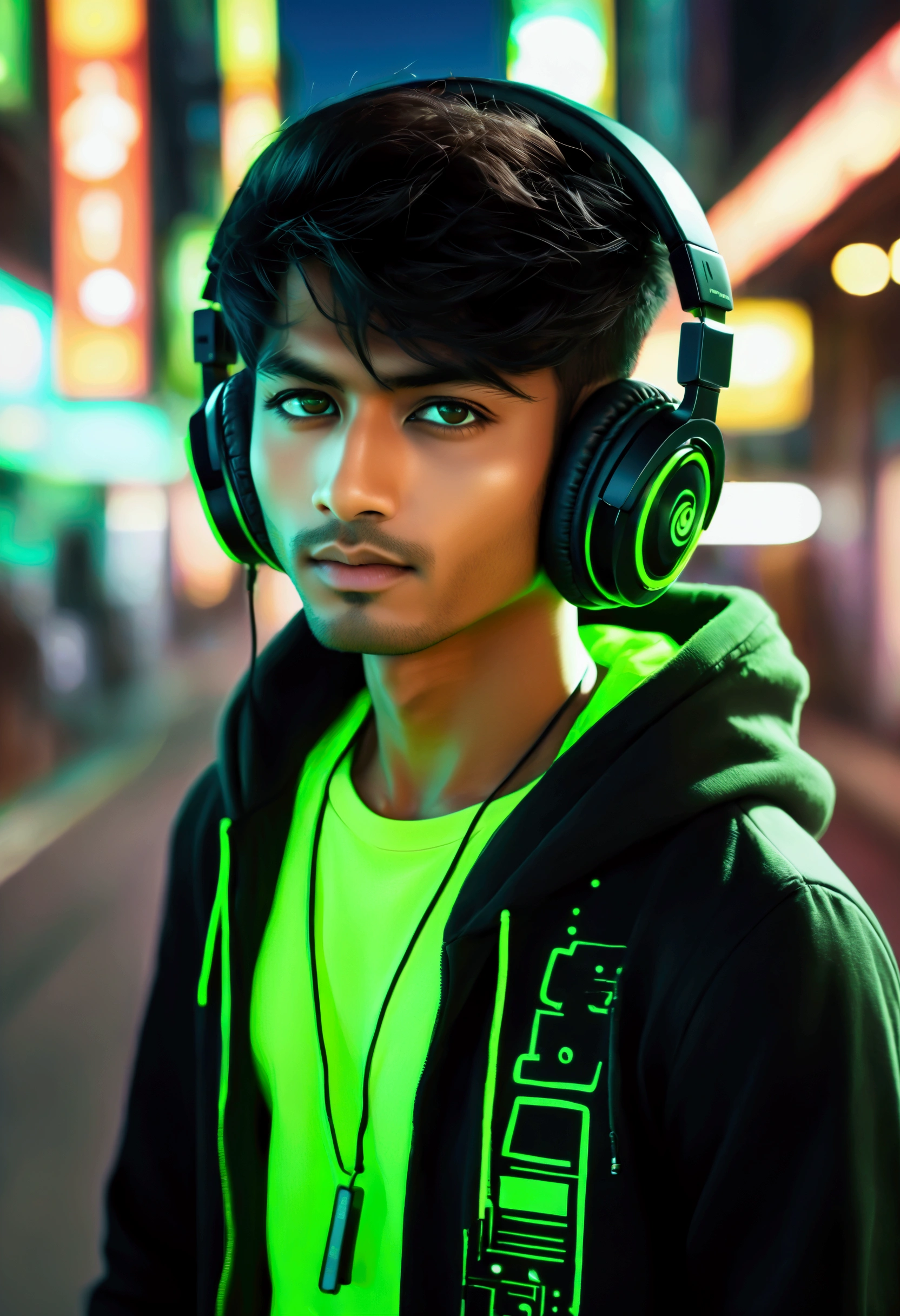 manga japanesse cartoon of a fluorescent green-black color. Light skin Indian male super model  dj . Add green beats headphones,  add the text ¨Rick D´Angle ¨ to the image , totally night view photo with ultra open wide lens photo technic, octane rendering, 8192k ultra hifi