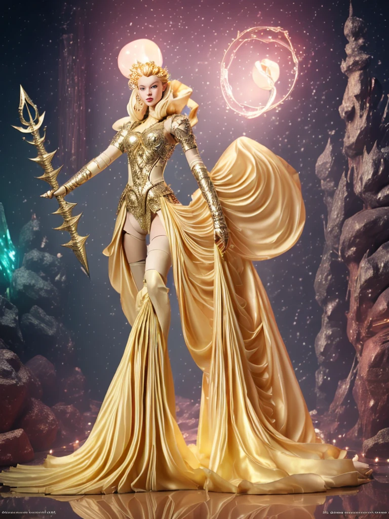 Design a layout showcase Gaming character, ((1girl)), sorcerer:1.2, Golden+Purle clothes, stylish and unique, ((showcase weapon:1.4)), magic staff, (masterpiece:1.2), (best quality), 4k, ultra-detailed, (Step by step design, layout art:1.5), (luminous lighting, atmospheric lighting), Final Fantasy style, magican, ((glove full hands)), fran, viera, (((revealing clothes:1.3))), vambraces, armored legwear, (((full_body_shot:1.4))), Niji, back_view