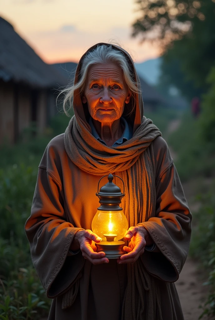 An image of an old woman from the Nasa indigenous community, wrinkled, with her face emerging from the mountain and a hummingbird and fire 