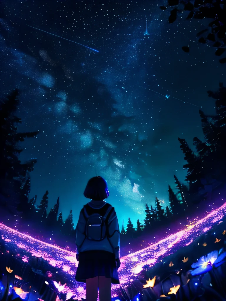 a starry night sky from below, neon fantasy flowers glowing brightly, fireflies all over the scene, 1 girl in the background, 4k, best quality, photorealistic, dramatic lighting, hyperrealistic, intricate details, vibrant colors, atmospheric, mystical, surreal