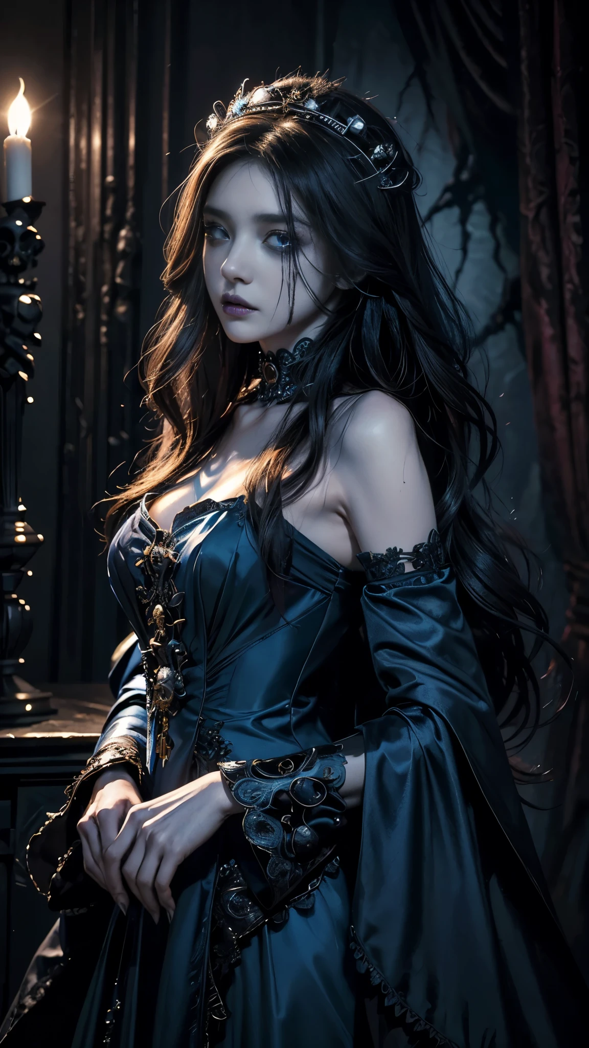 (Skin dents:1.5), Realistic, Realistic, (masterpiece:1.5), Concept Art, Intricate details, Very detailed, Realistic, Octane Rendering, 8k, Unreal Engine, Dynamic pose, highest quality, High resolution, (Realistic Face:1.1), (超Realistic:1.1), ((full_body)), Perfect Eyes,(Shiny skin:1.2), (((Hairstyle))), (((Perfect hands))), (Very detailed背景), ((Dim Room1.2)), (Light), ((fine grain, High quality eyes, High quality face)), (((flowing Hairstyle))),  wonderful, Written boundary depth, Bokeh, 4K, Gothic, , Lightning, Glowing blue iris, At night、Showing off gorgeous dresses,Full body photo 1.5、small breasts 1.5