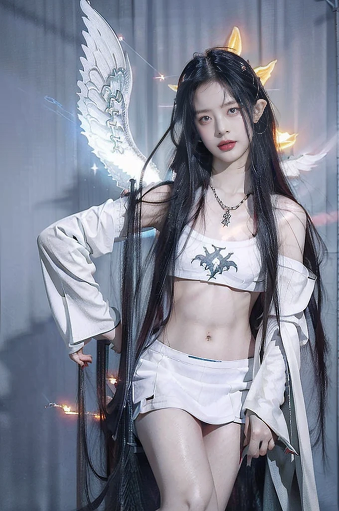 (((best quality))), (((Detailed details))), (((masterpiece))), illustration,((1 beautiful ,alone,Demon Girl)),((White skin)),((Shoulder length straight red hair,blue eyes)),(earring,crystal necklace),((thin,thin,Small breasts)),Cheerful face,((Angel black Wings:1.3)),(white skirt sleeve:1.3),((In the dark hell)),(hello:1.3),Fire blazes all around, Strong wind, Fire from Hell),((navel)),((From front,stand,Upper part, arm)),((Tights)),((Navel piercing)),MSFW,((succubus)), ((เรืองแสง)), ((เสื้อผ้าขาด:1.3)),((fire power)),ลัทธิเรืองแสง,((pussy tattoo),((dragon tattoo)),((lghtning body)),