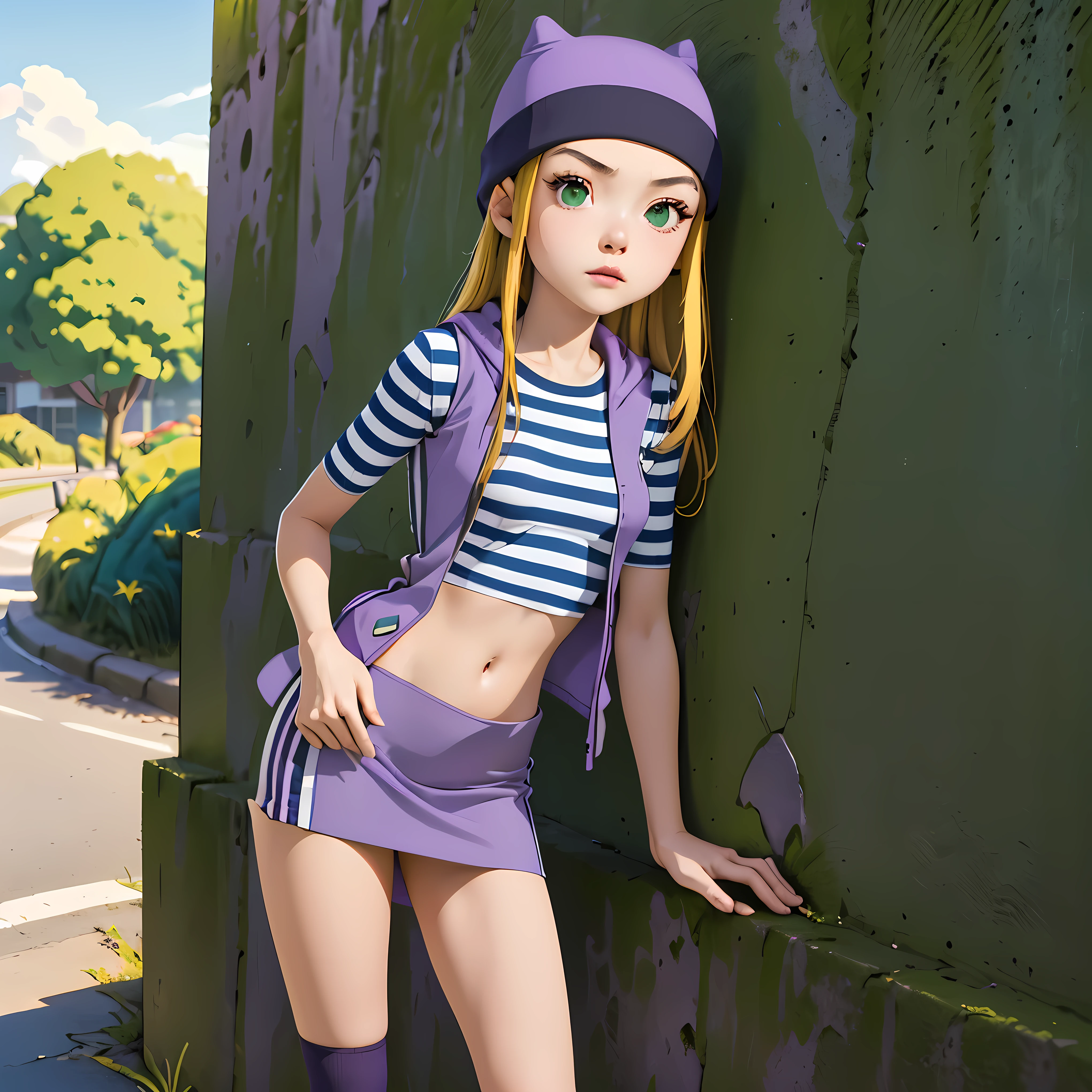 (m(masterpiece, best quality), 1girl, izumi Orimoto, outdoors, streets, green eyes, blonde hair, long hair, purple beanie, purple vest, purple miniskirt, blue white striped shirt, long purple socks, purple vest, striped shirt, navel shirt, medium size breast. standing, resting against the wall