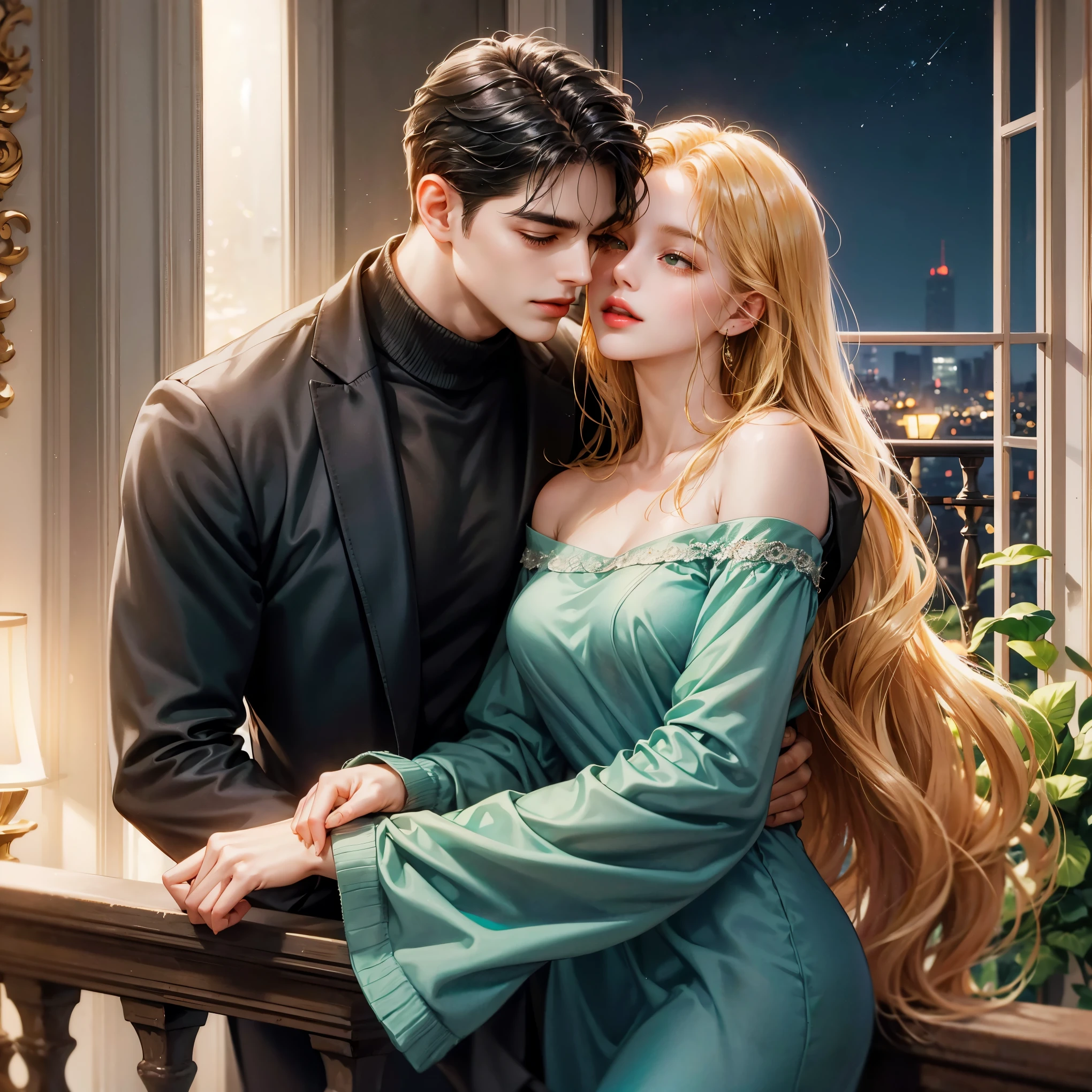 A couple is on a balcony, kissing. The man is tall, has black hair and is wearing a cozy green sweater. The woman has long, wavy blonde hair that falls down her back., and she wears a simple dark blue dress. The balcony overlooks a night scene, with soft lighting creating a romantic glow. the woman gently holds his shoulder as they kiss, creating a serene and romantic atmosphere