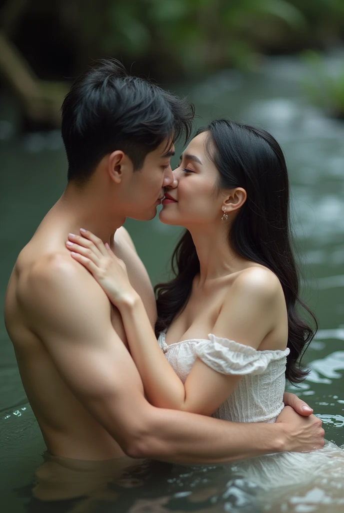 Hanfu period, a naked woman hugs a naked man in a crystal clear waterfall that can be seen from above.