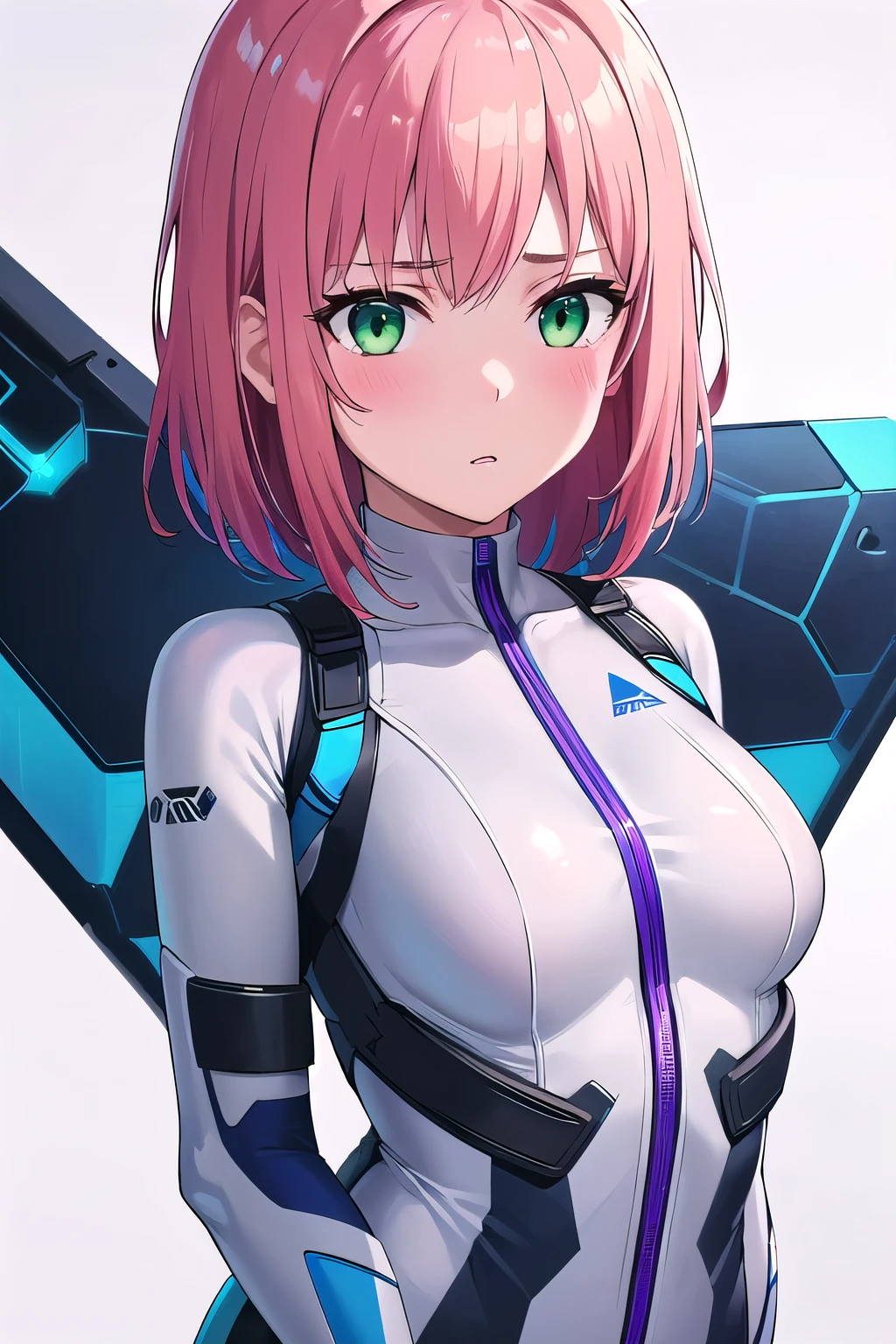 1girl,Samus aran,solo,green eyes, pink hair, forehead hair, white zero suit,white body suit,purple stripes,cowboy shot,blush,,Science fiction,ultra-detailed,sharp focus,aesthetic,(best quality), white background, (Trying to get out of the bodysuit.:1.2)