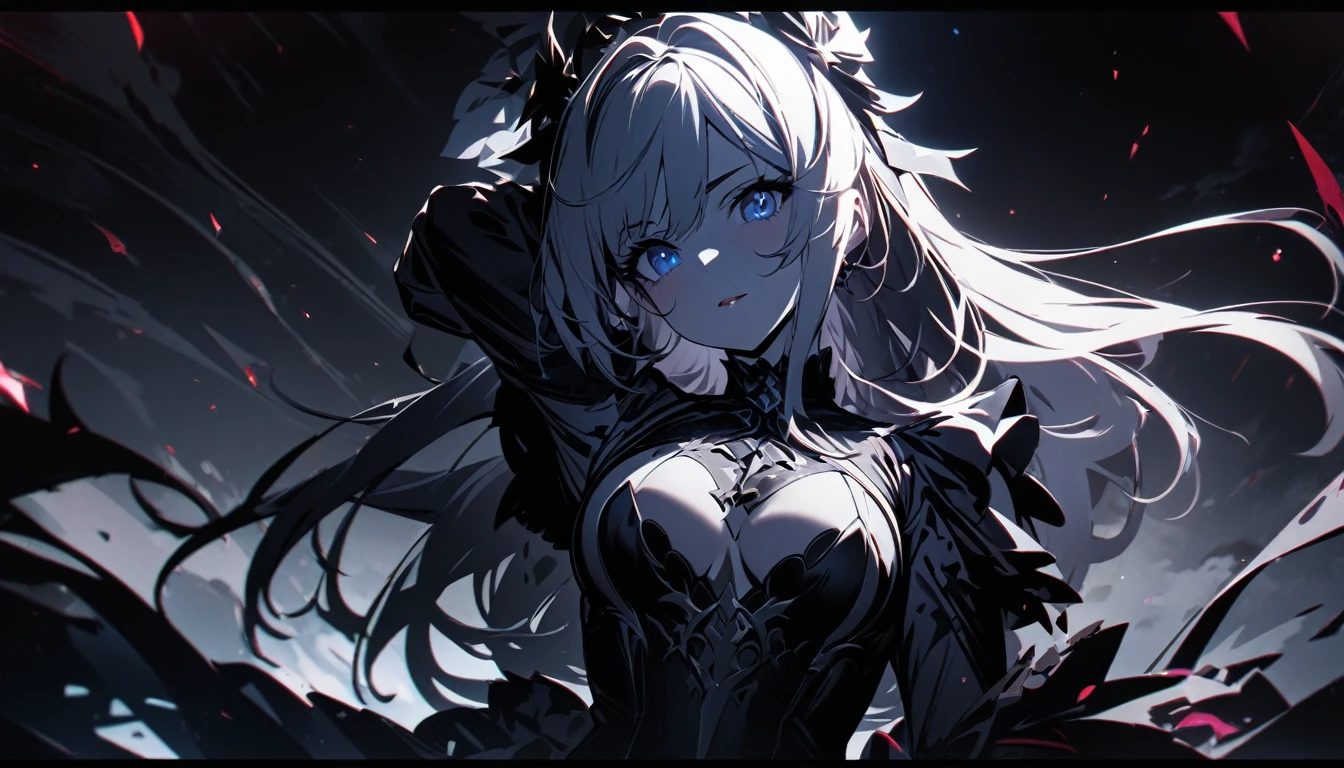 ((((Obra maestra, La mejor calidad, ultrahigh resolution)))), 1girl, standing,), ((long pure blonde hair, hair over eye)), long hair cut, shiny skin, ((blue eyes)), glowing_eyes, neon eyes, (ultra detailed eyes:0.7, beautiful and detailed face, detailed eyes:0.9), ((centered)), smirk, facing viewer, ((vibrant background, dark lighting, summer, sunlight)), large chested, looking at viewer, ((half closed eyes)), ((perfect hands)), (((head:1, arms, hips in view, elbows, in view))), ((hands behind back)), empty eyes, beautiful lighting, ((outside, outdoors)), defined subject, head tilt, (((gritty)), ((creepy)), ((cool)), ((beautiful)), (((SFW))), horns, hair ornament, petals in the air, moon in the sky, city, mature woman, adult woman, sfw, black dress, latex dress