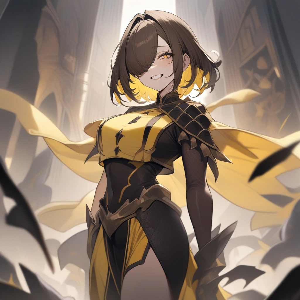 1 girl, solo, dark brown hair, short hair, yellow eyes, smile, masterpiece, best quality, absurdres, Hair Over One Eye, yellow Hair Intakes, yellow Colored Inner Hair, villain, black and yellow clothes, Chaos, fantasy clothes