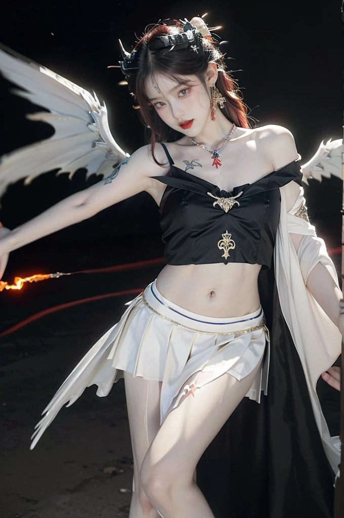 (Realisticな, photo-Realisticな:1.37),(8K, RAW Photos, Highest quality, masterpiece:1.2), Ultra-detailed, 超High resolution, Kodak Vision Color, Filmed with an Arricam LT camera,Highest quality, Lively, 8K, High resolution, 1 female, Japanese、Escape, (Professional Lighting), (Portraiture:0.6), Black Hair, (Medium Hair),23 years old、 Looks like white hair with horns (Gothic clothing is red and black) Realistic, a hyperRealistic , ((Perfect red eyes Beautiful eyes)), Crazy looking condescending look ((Feet Fishnet)) pose for a photo (((The background is hell and fire))) ((Angel Wings)) (((Realistic bloody hand and bloody droplets)))、Hand holding a dagger (((No extra arms)))