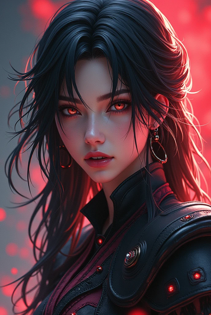 (anime women), devil may cry inspired women, (neon red viper eyes) standing in a rain soaked, cinematic lighting (best quality:1.2)detailed, lights, vivid colors,bokeh, angry looking face with smirk on mouth, piercing, ((piercing)), gaze, 4k, particles in the air, powers, amazing art work full of details, dynamic movement, (lips)