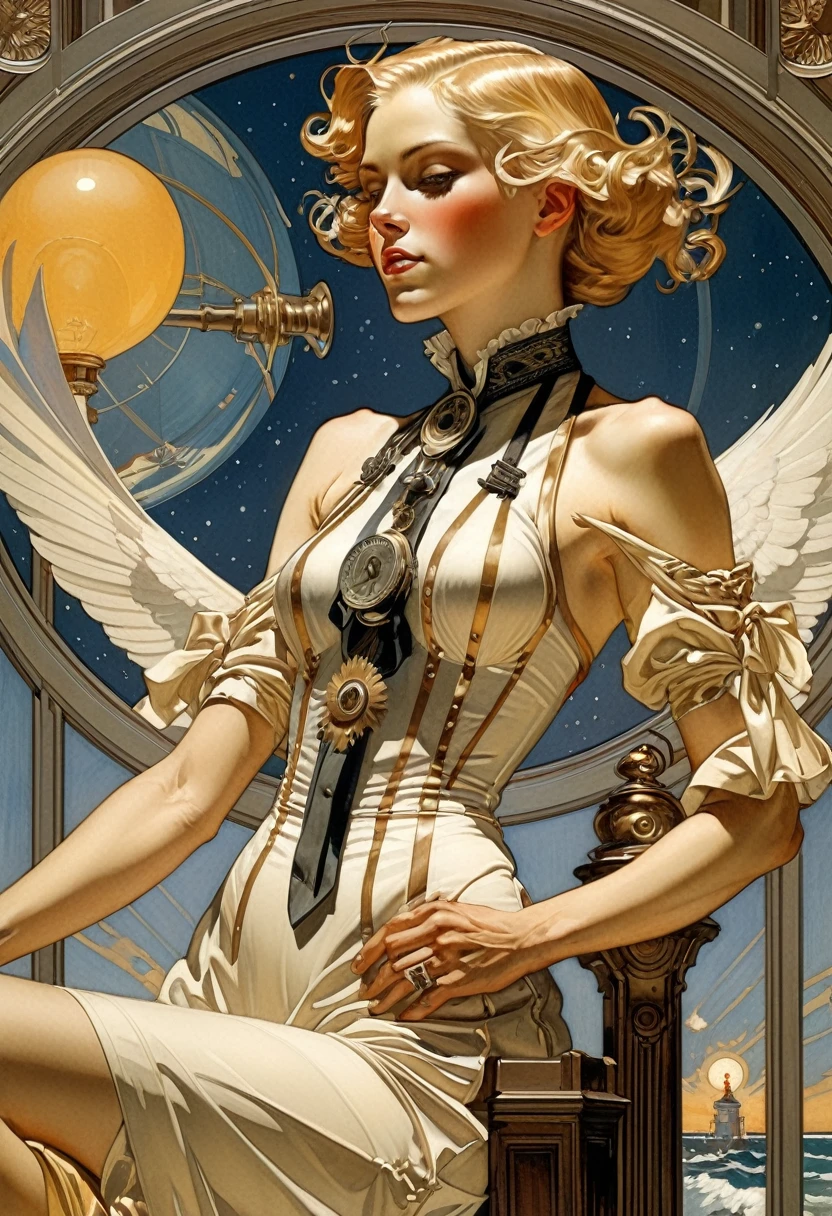Chopped shot, a very sexy woman with metal wings, mechanical wings, flies over an impressive futuristic city.(art inspired in Bill Sienkiewicz). oil painting)