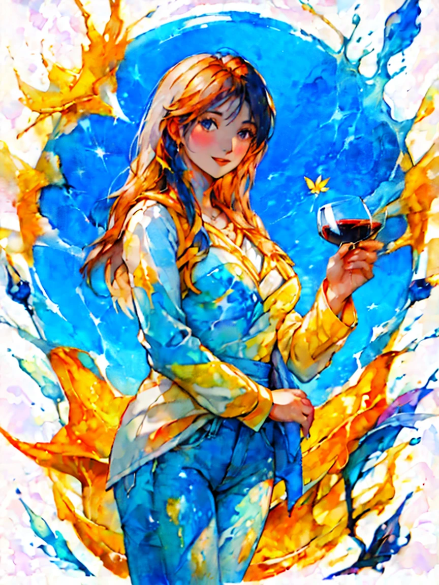 Woman drinking wine in the vineyards　Slender supple arms　Cosmos　やオレンジのCosmos　White long sleeve shirt with blue denim　A lively and cheerful woman　Autumn blue sky　Orange, yellow and a touch of blue - a pale colour scheme　Soft color scheme　Abstract painting that looks like it was painted with thin, diluted paint　Slightly low saturation