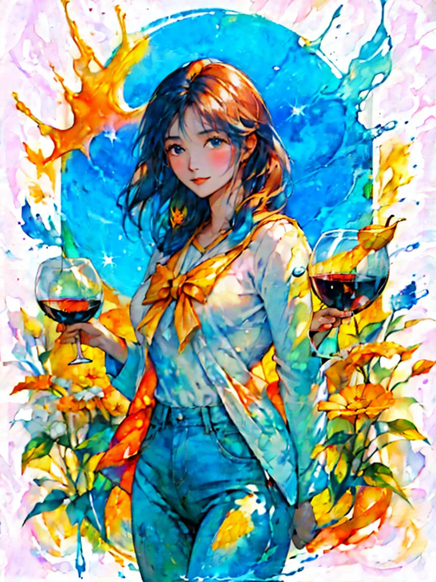 Woman drinking wine in the vineyards　Slender supple arms　Cosmos　やオレンジのCosmos　White long sleeve shirt with blue denim　A lively and cheerful woman　Autumn blue sky　Orange, yellow and a touch of blue - a pale colour scheme　Soft color scheme　Abstract painting that looks like it was painted with thin, diluted paint　Slightly low saturation