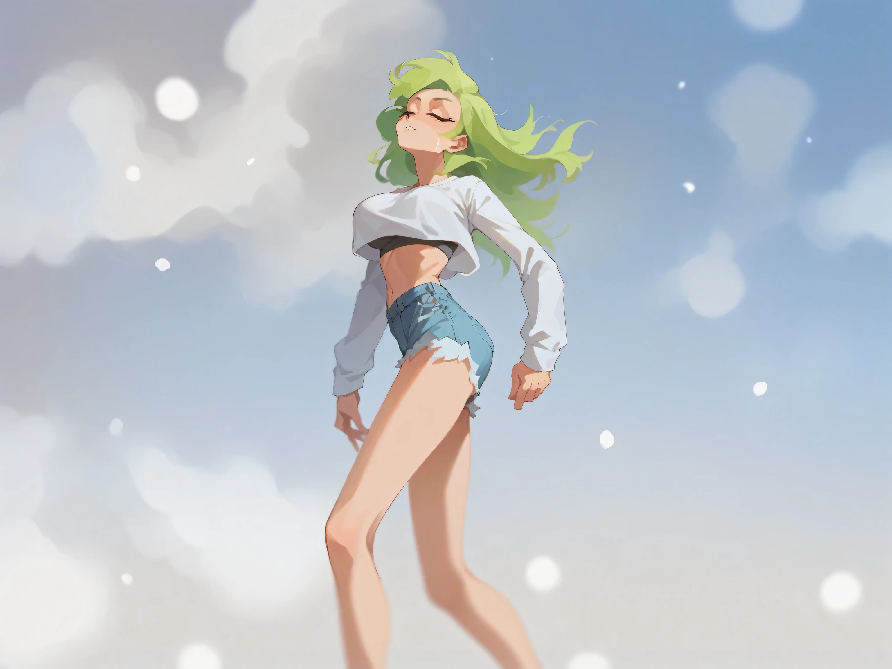 Masterpiece , Excellent quality , high resolution , 1 woman , Long green Hair , White shirt , Jean Shorts , abdomen , big breasts , Long legs , dancing 