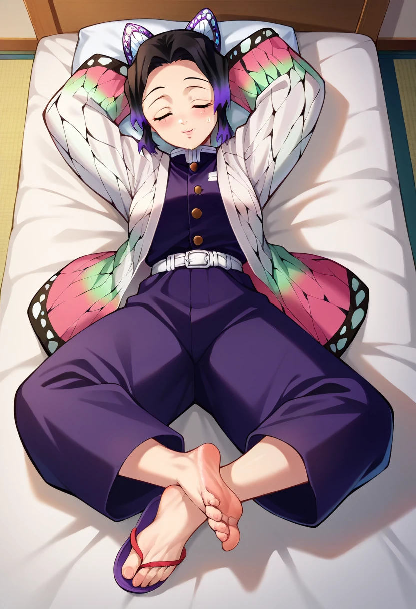 (Caucasian ethnicity)masterpiece, 4k, High quality, shinobu\(Kimetsu no yaiba\), Dressed in baggy purple pants, big pants, beautiful pants, At home, sleeping, sleep with the smell of your feet, He sleeps in his bed on his back, legs and arms open, spread out on the bed, lying down, very tender and cute, fainted, sweating, sniffing her flip flop, Enjoying-their-mom-s-stinky-feet-and-flip-flops
